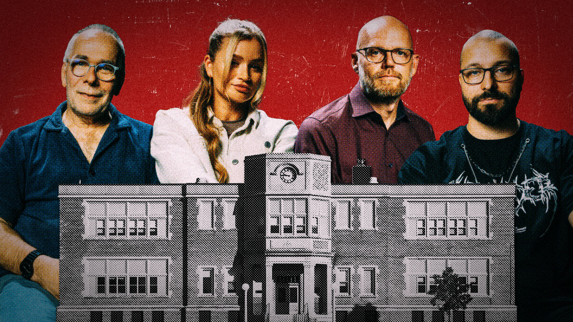 Collage: Vier Personen, drei Männer und eine Frau, hinter einem Schulgebäude.