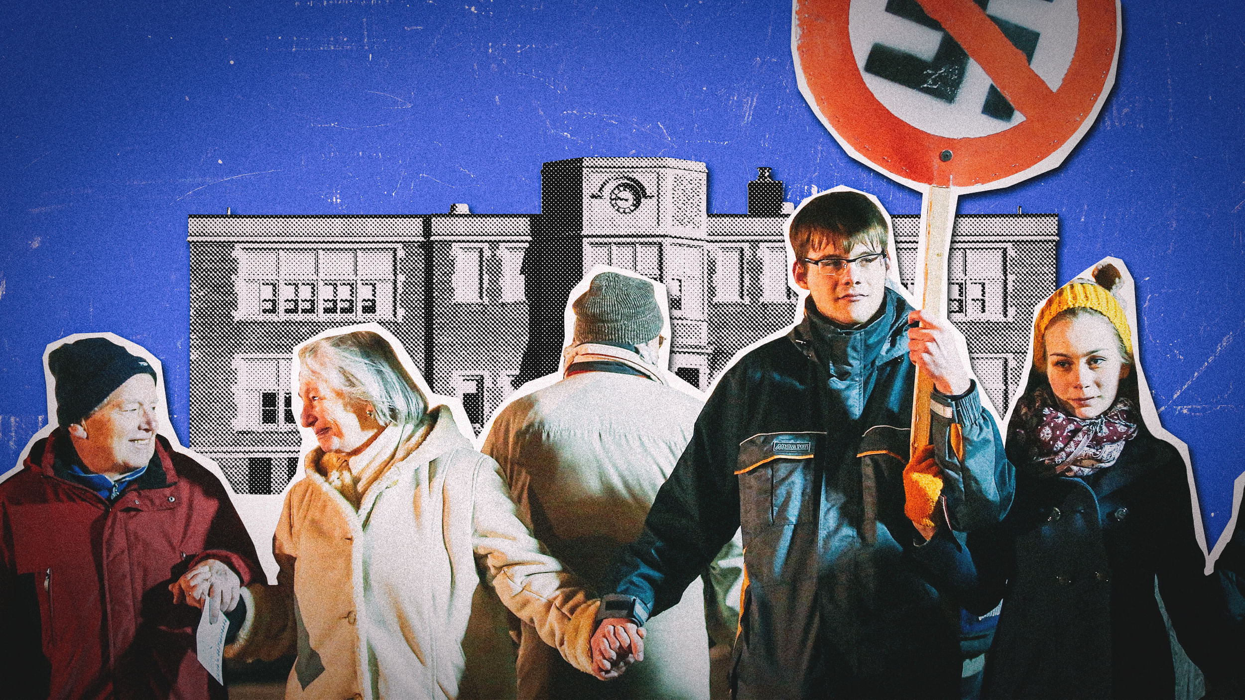 Collage: Eine Menschenkette vor einer Schule. Ein Mensch hält ein Schild mit durchgestrichenem Hakenkreuz in der Hand. 