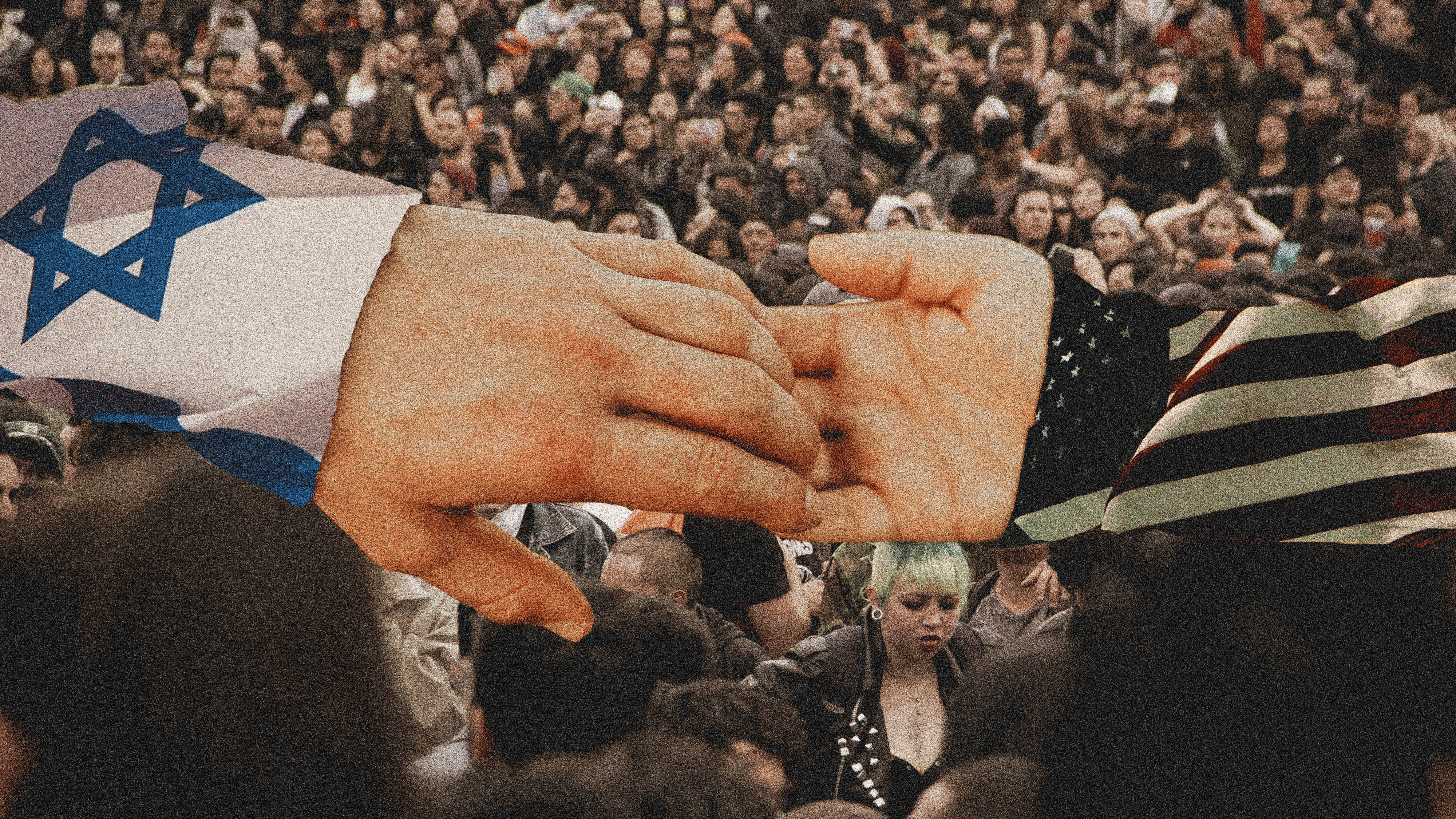 Hände die entgleiten mit amerikanischer und israelischer Flagge, im Hintergrund Menschenmasse die sich abwendet