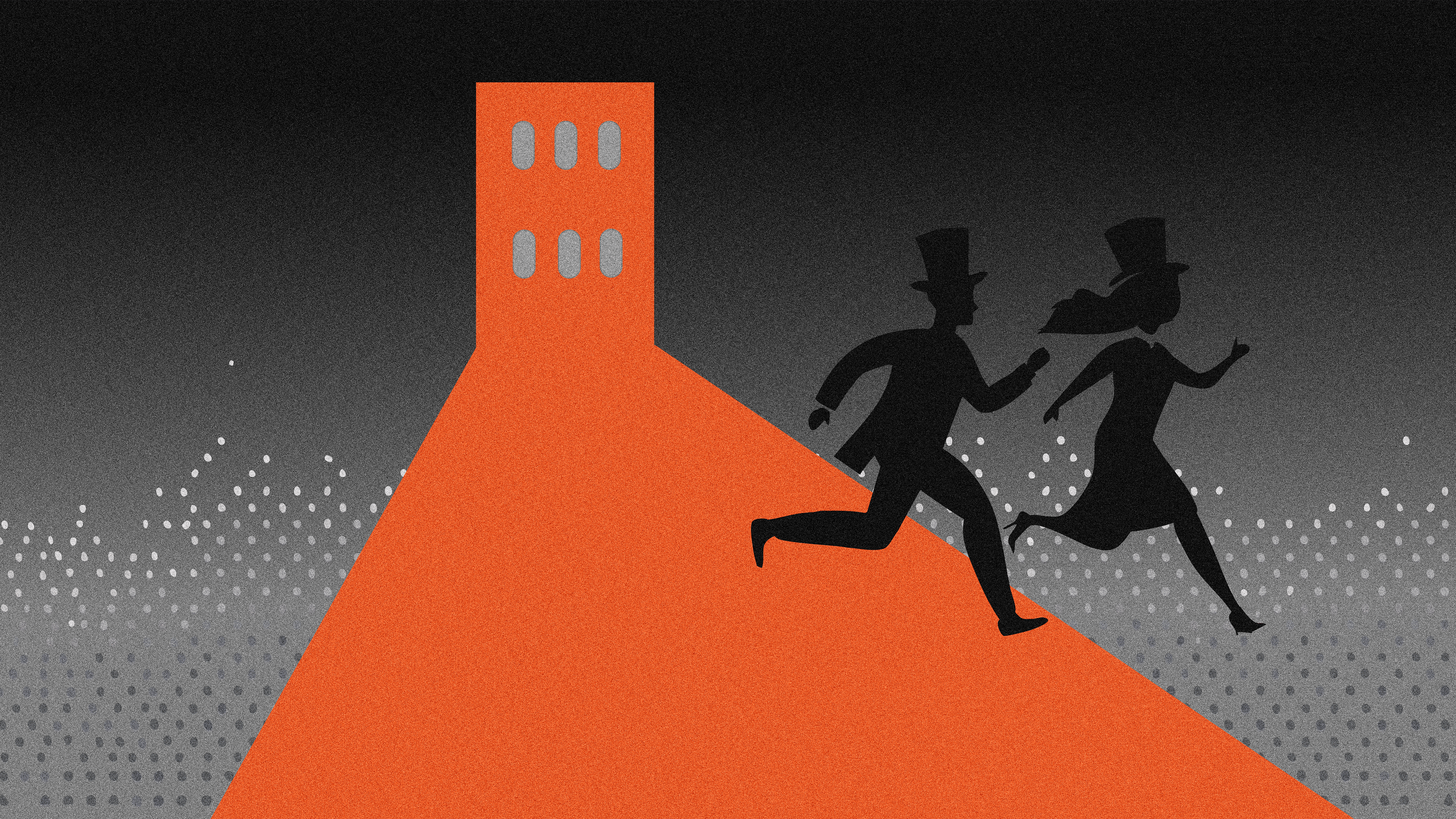 Auf dem Bild sieht man die Schemen von einem Mann und einer Frau, die vor einem abstrakt gezeichneten Haus davonlaufen. 