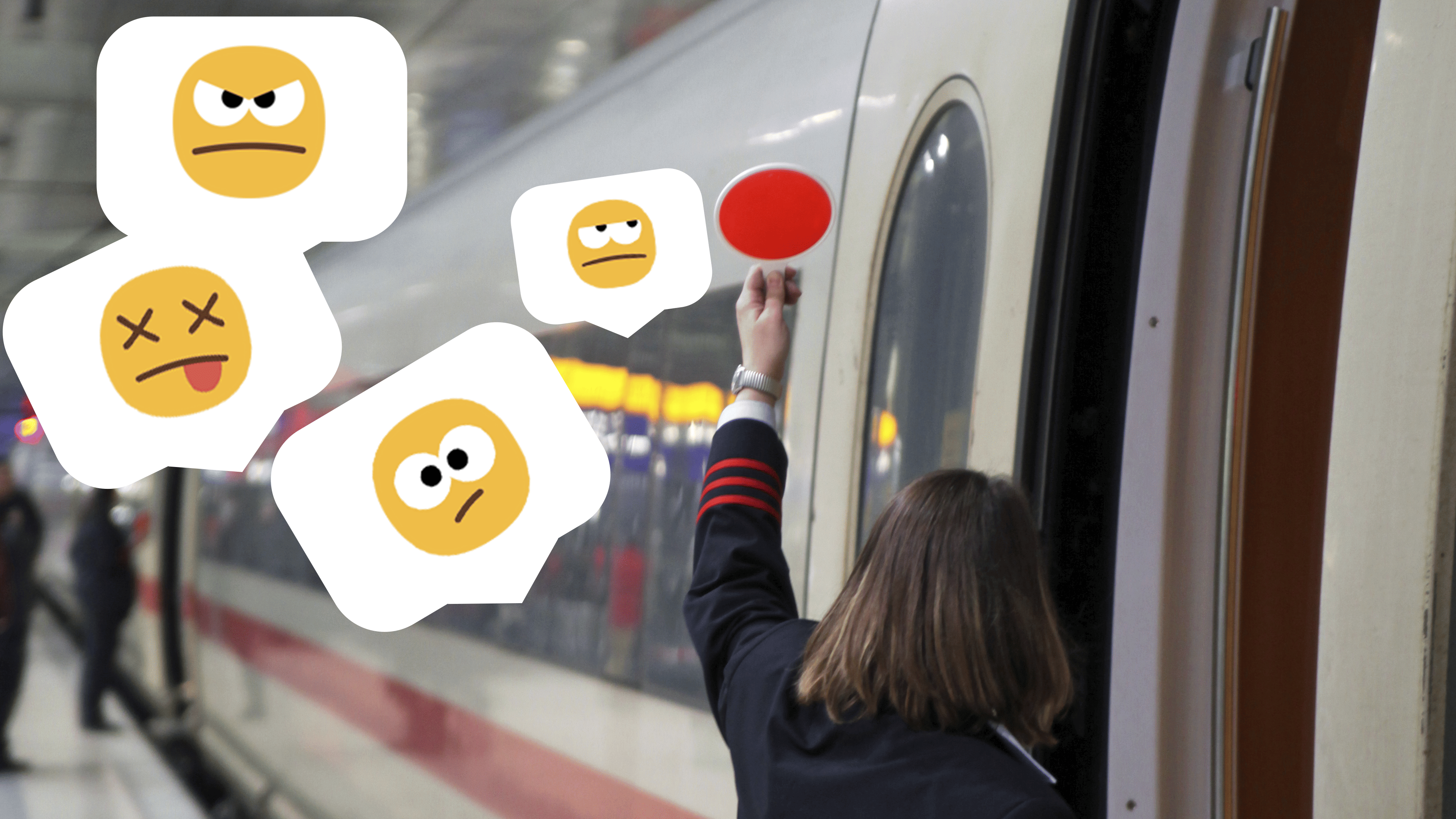 Bahn Mitarbeitende zeigt rote Kelle, dahinter ein Zug, Fesnter mit Emotes