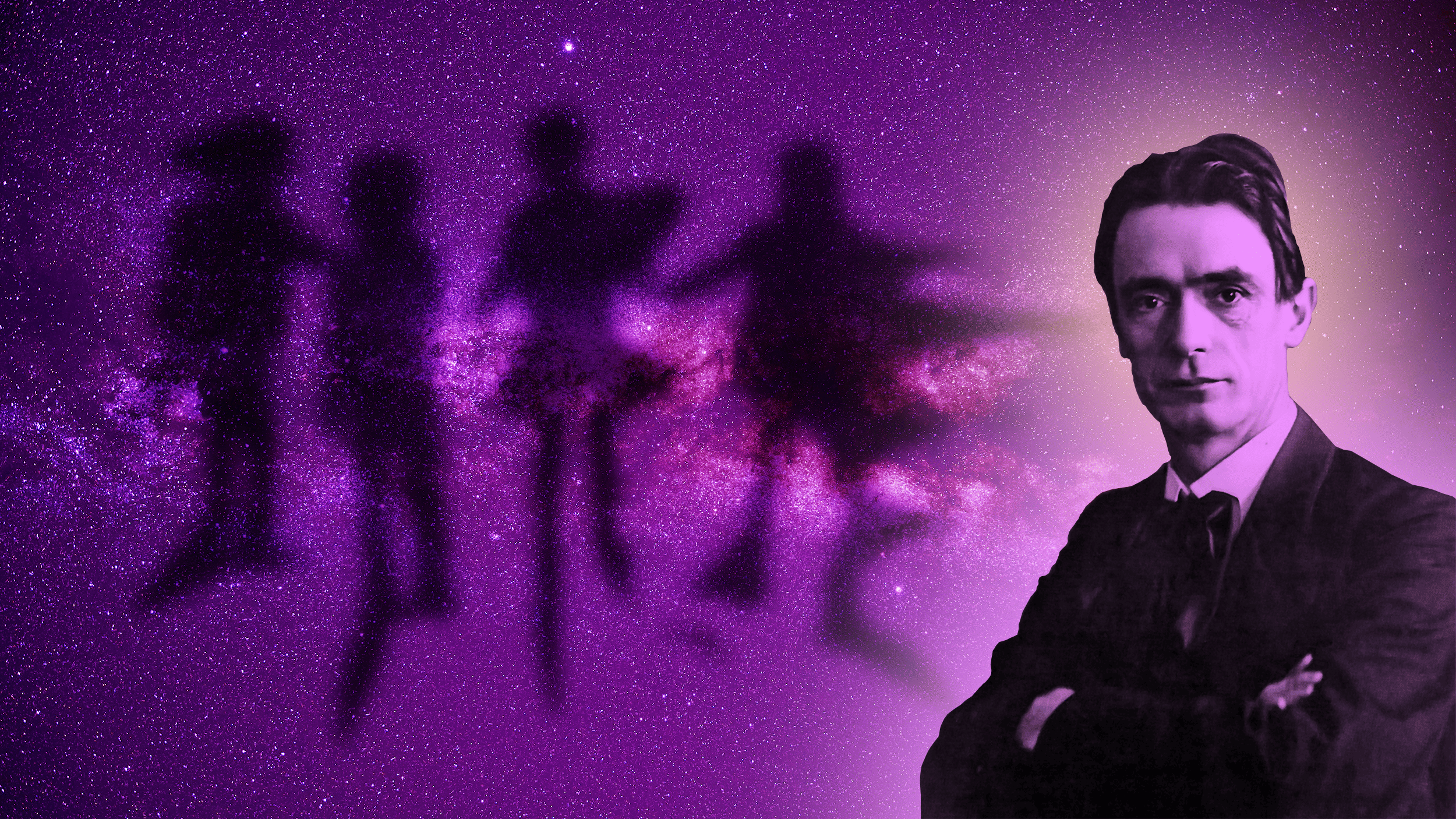 Auf dem Bild sieht man Rudolf Steiner, im Hintergrund die Schemen von Kindern.