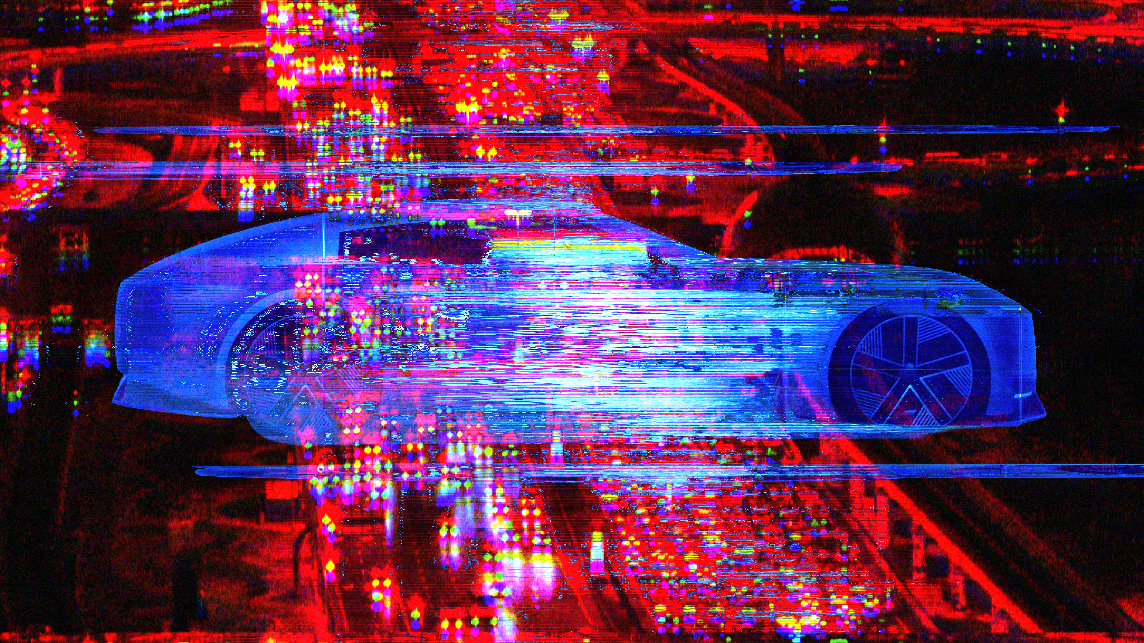 Futuristisches Auto, im hintegrund stark befahrene Straße bei Nacht. 