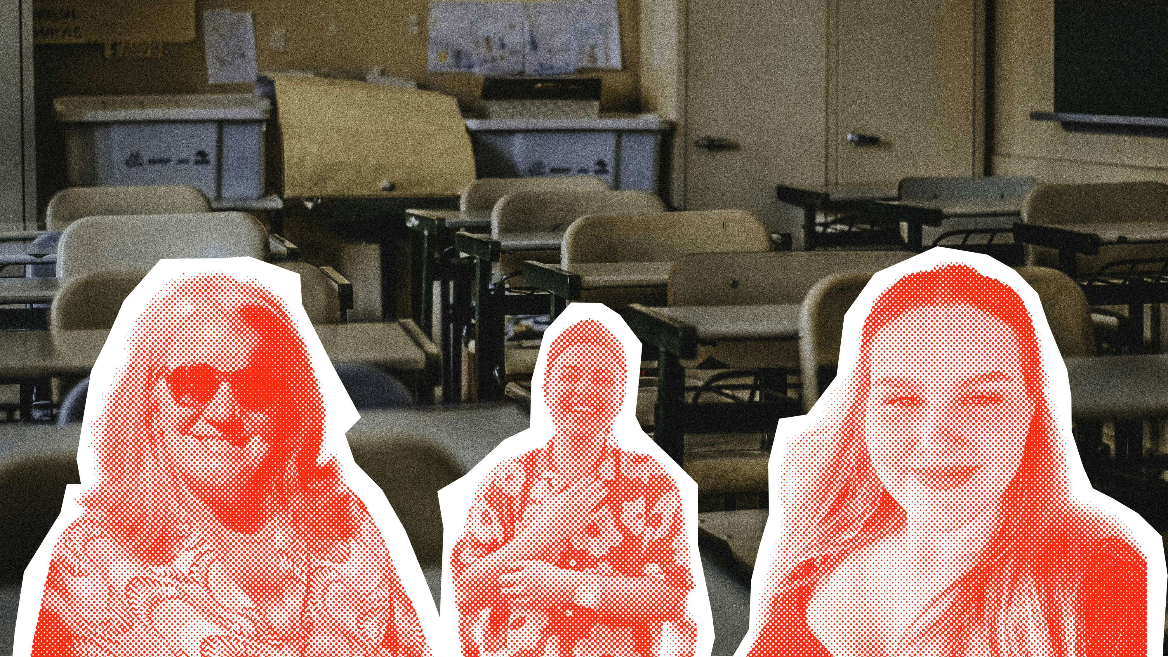 Drei Protagonisten im Vordergrund, Hintergrund zeigt ein leeres Klassenzimmer