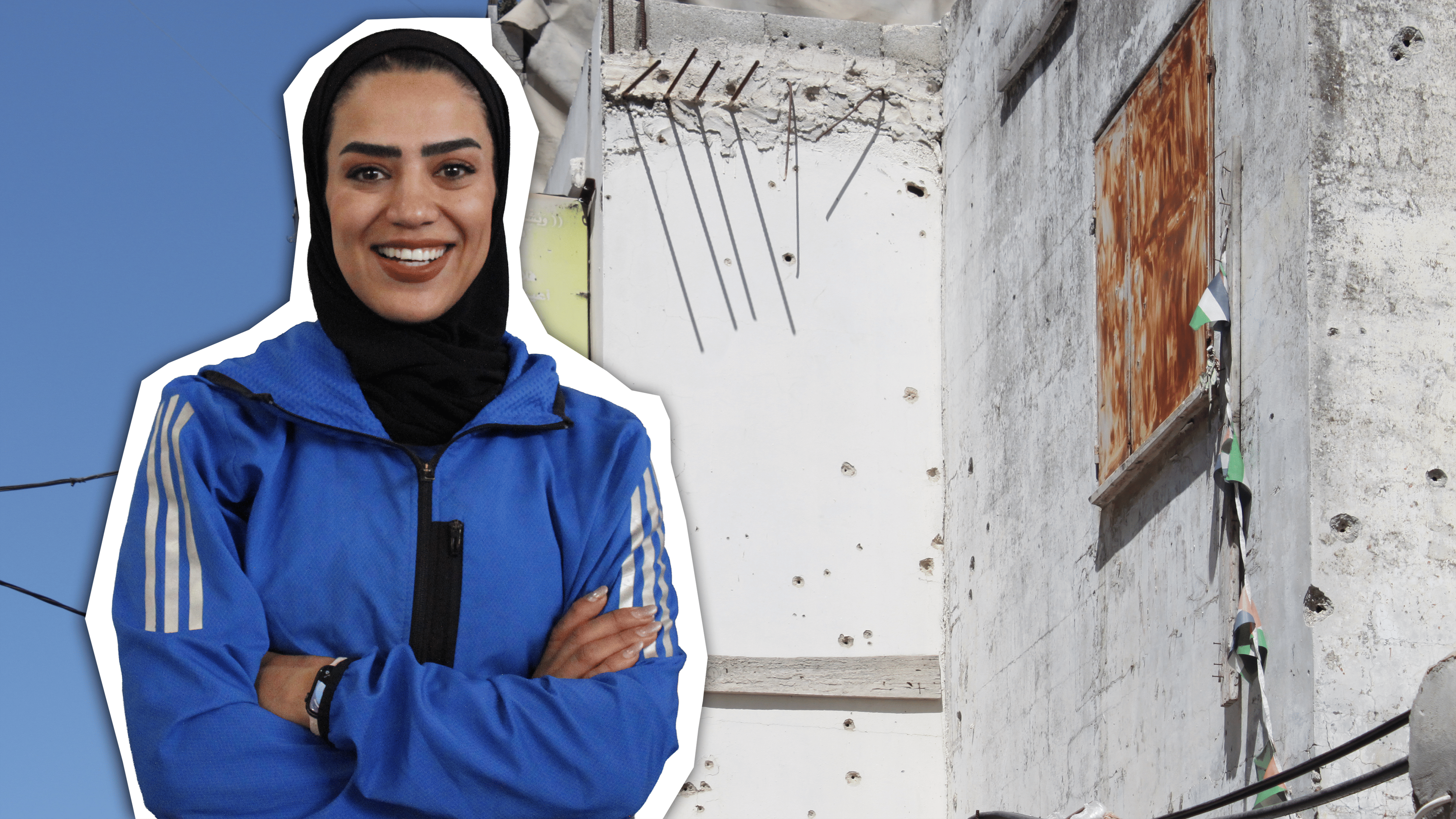 Protagonistin ausgeschnitten, vor einer Fassade mit Einschusslöchern 