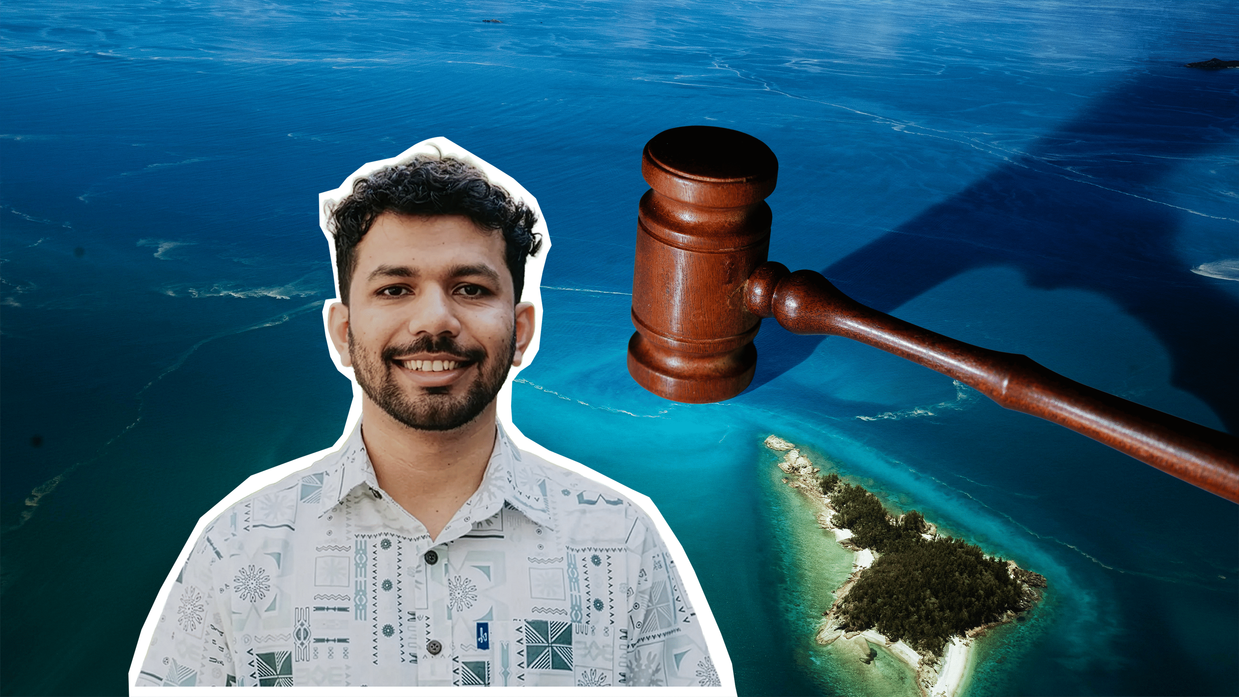 Protagonist im Vordergraund, Hintergrund Meer und Richter Hammer