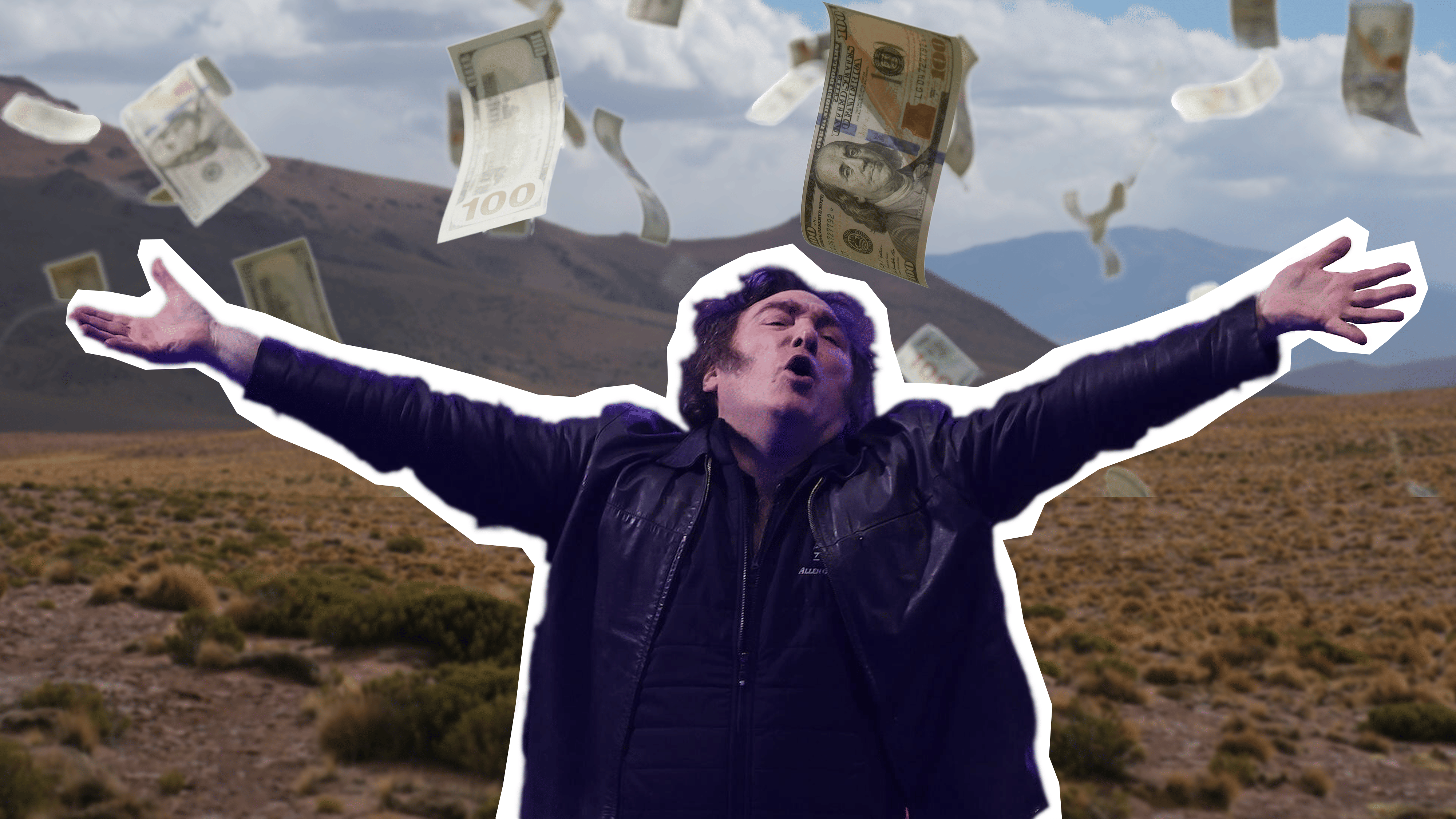 Auf der Collage sieht man Javier Milei vor einer argentinischen Landschaft. Milei wirft Geldscheine in die Luft.