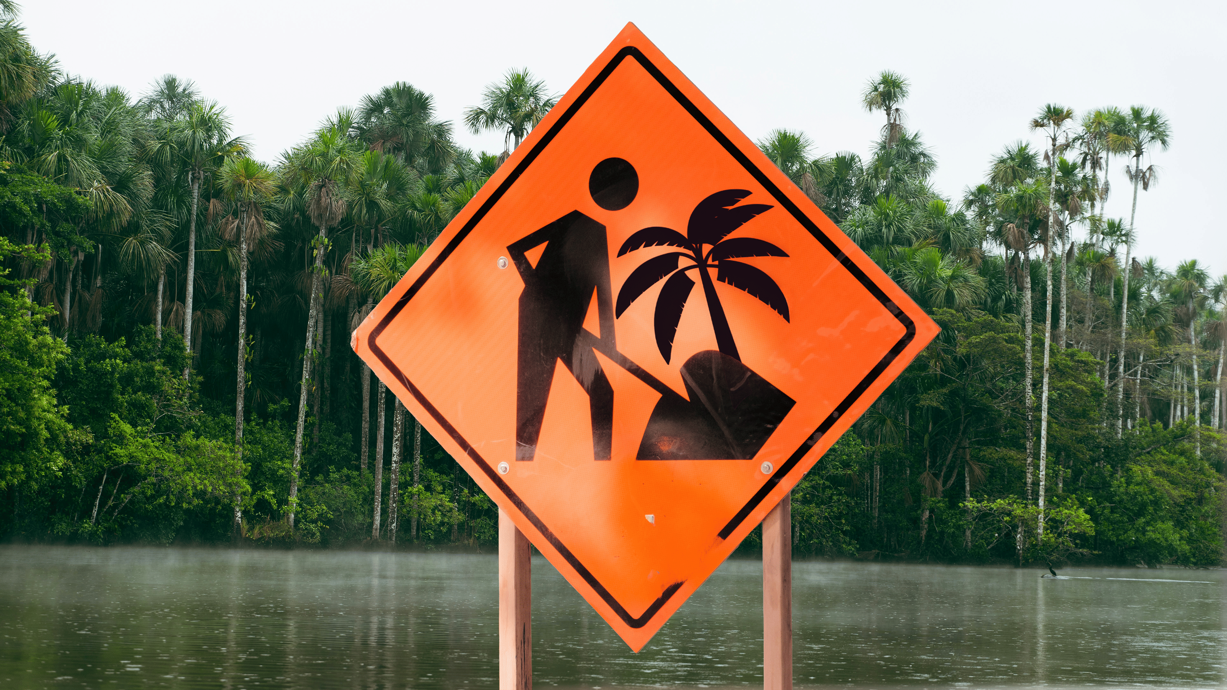 Warnhinweis einer Baustelle, das eine Person zeigt welche Erde aufschüttet und daraus eine Palme wächst. I Hindergrund eine Urwald Situatuin mit einem Fluss davor. 