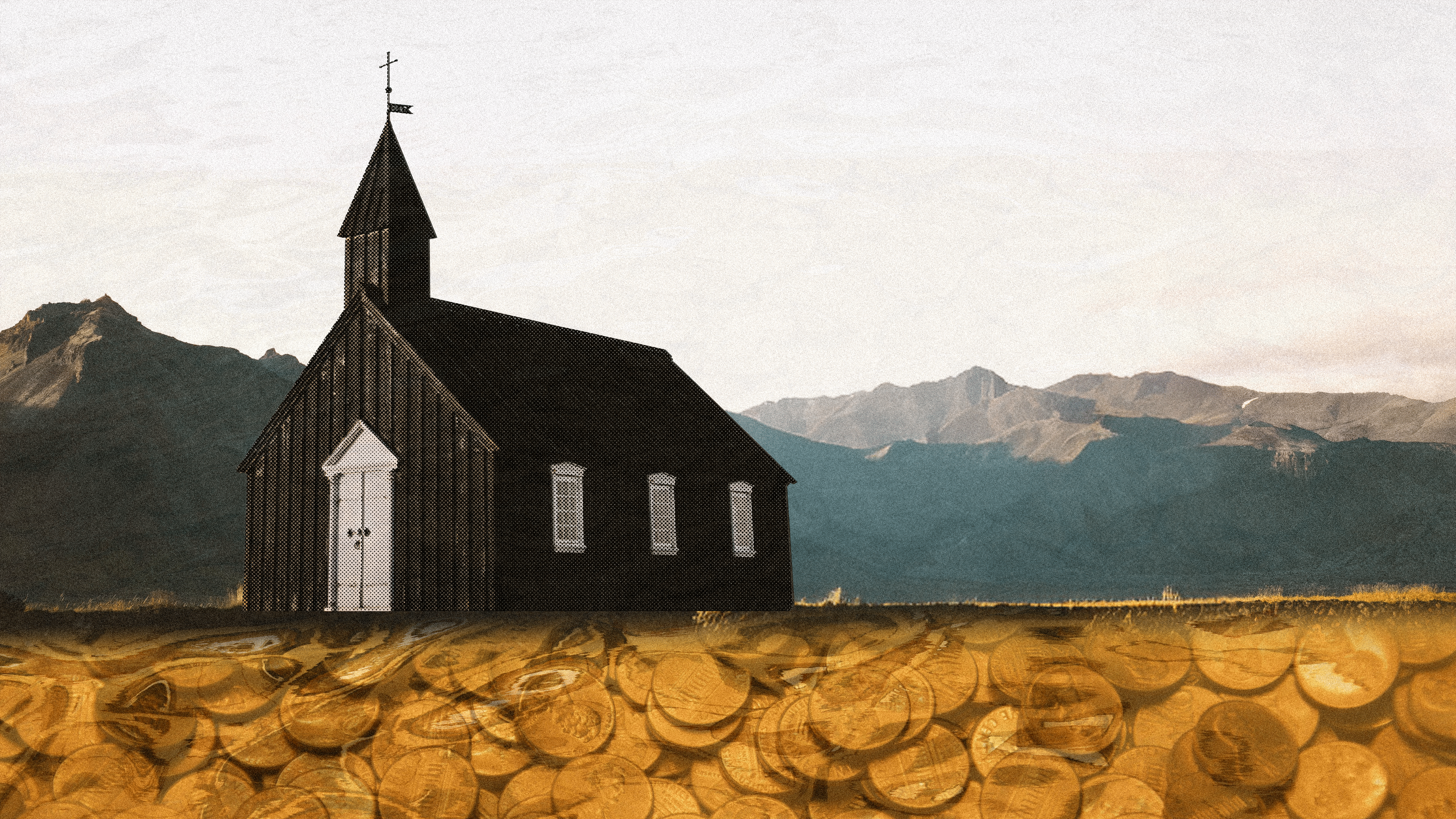 Kirche vor bergigem Hintergrund, gebaut auf Goldmünzen die das Erdreich bilden