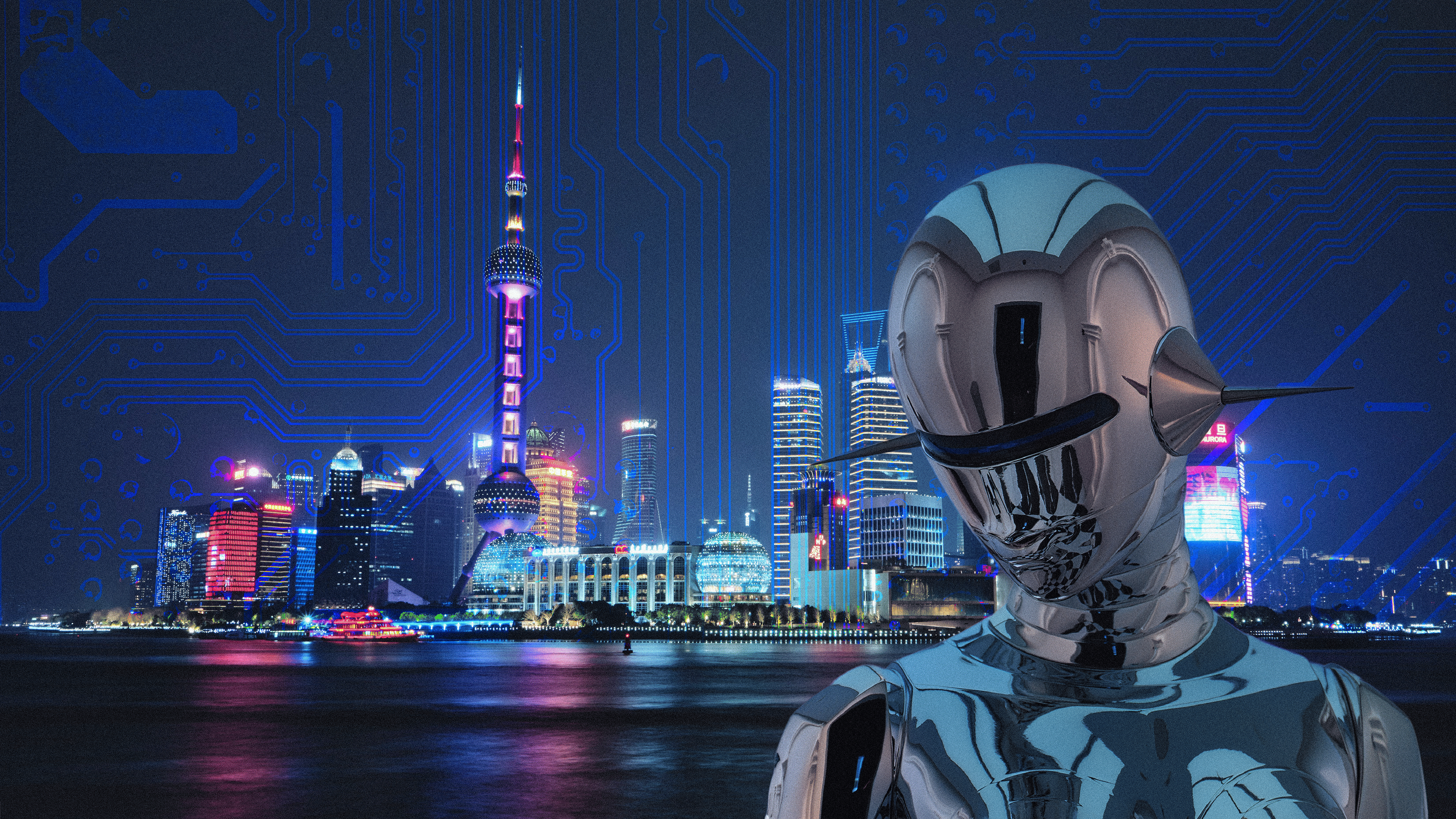 Futuristische Person vor der Skyline Shangehai