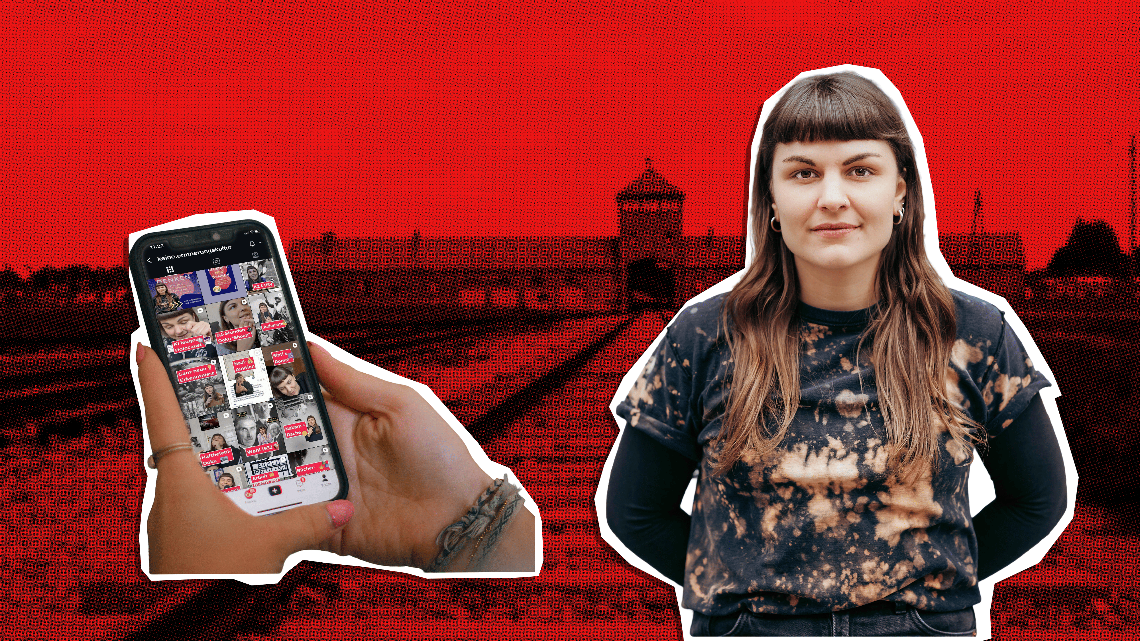 Im Hintergrund Auschwitz, Poland, davor,linke Siete, Hand die ein Handy hält mit der göffneten TikTok Seite der Protogonisting, rechte Seite Interview Partnerin