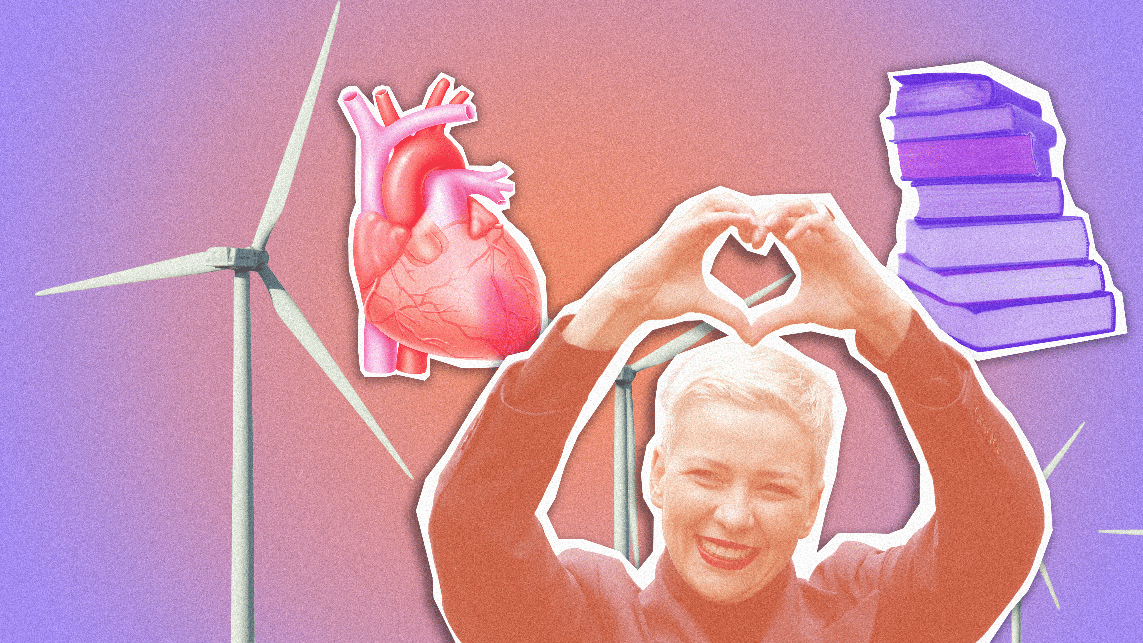 Verlauf im Hintergrund, davor Windräd, Herz, Bücher und Maria Kolesnikova