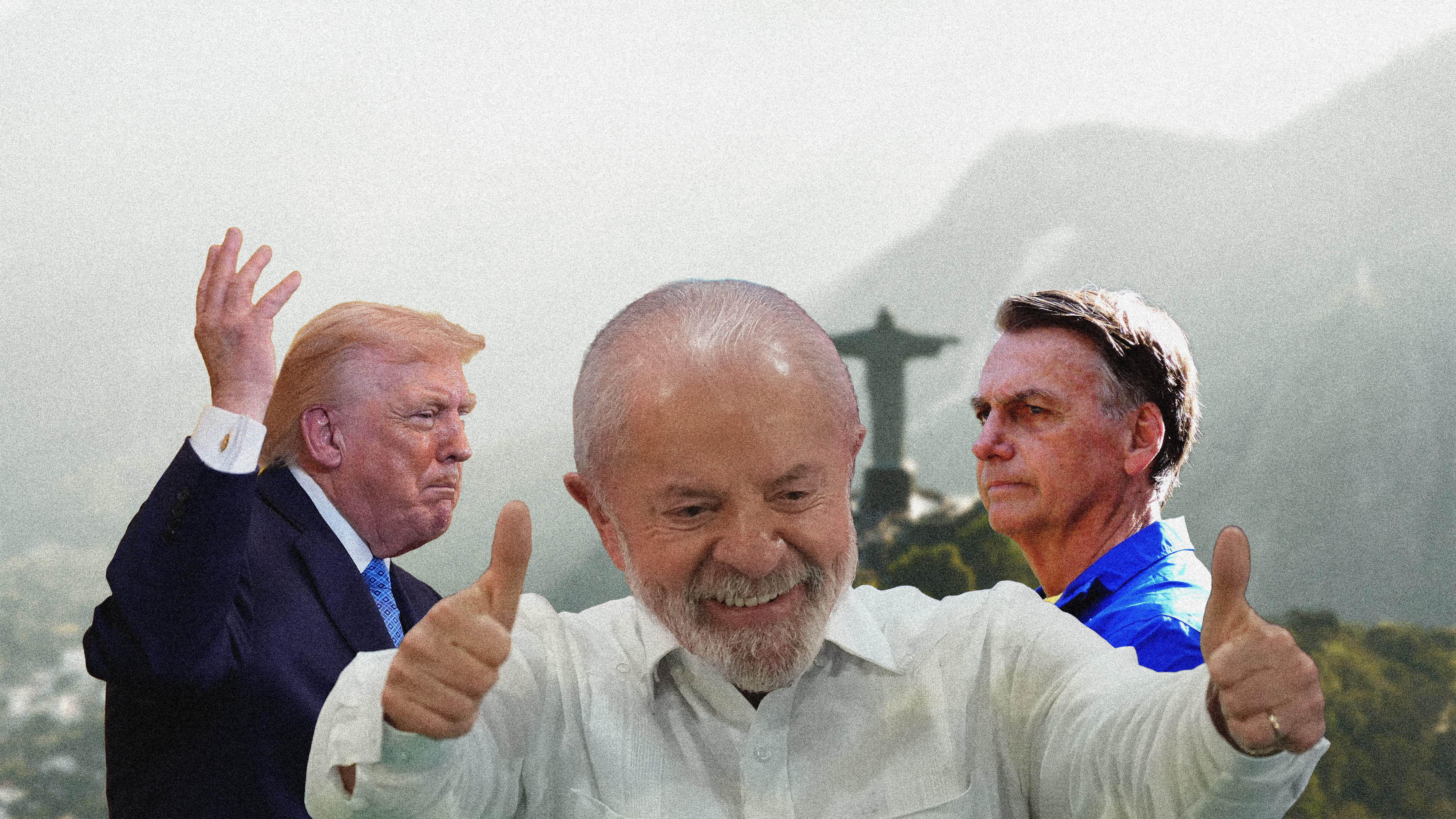 Auf der Collage sieht man Trump, Lula und Bolsonaro vor der berühmten Statue in Rio de Janeiro.