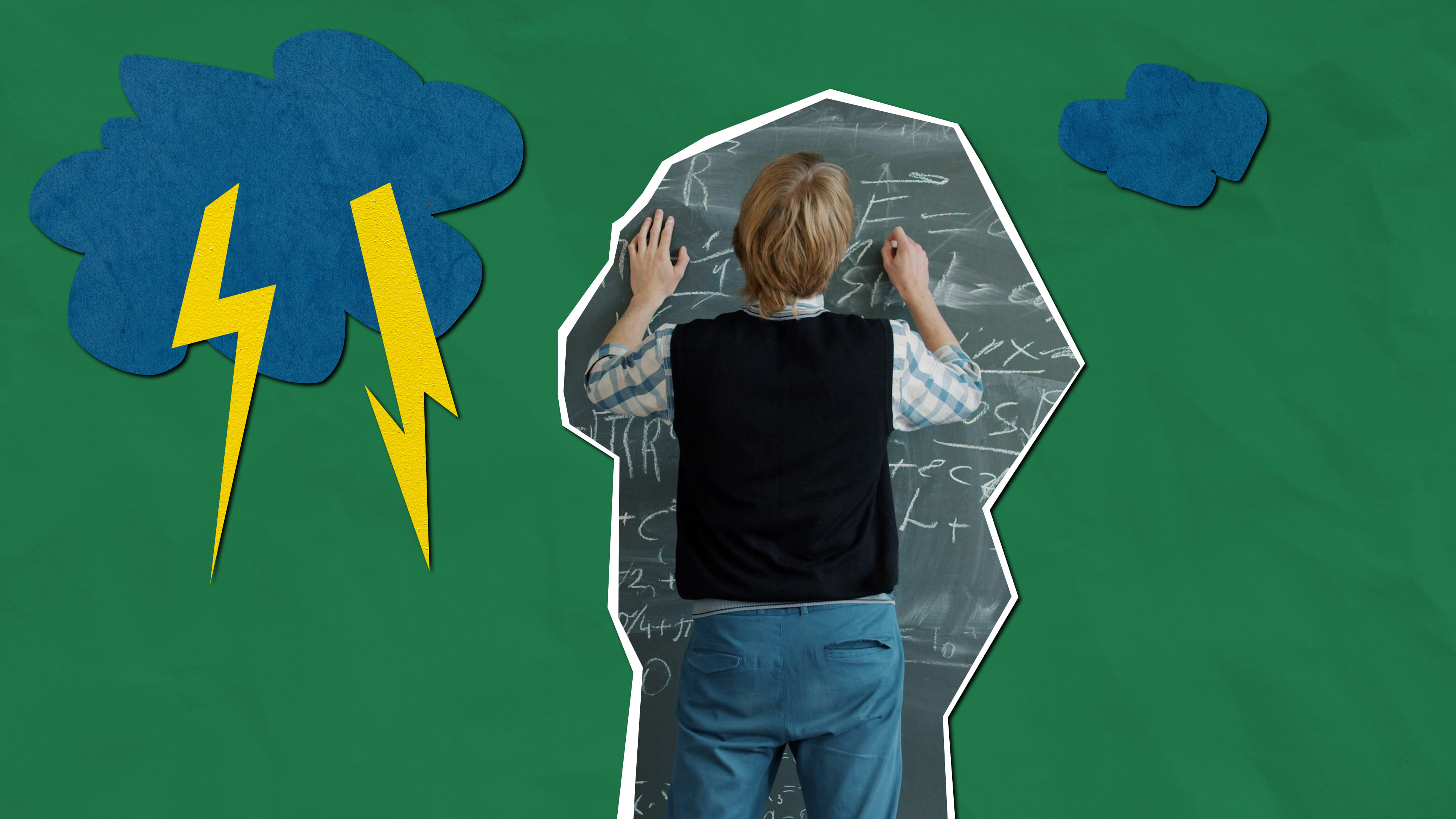 Gewitter Wolken ausgeschnitten auf Papier Hintergrund in Farbe, In der Mitte ausgeschnittene Lehrkraft die etwas an eine Tafel schreibt