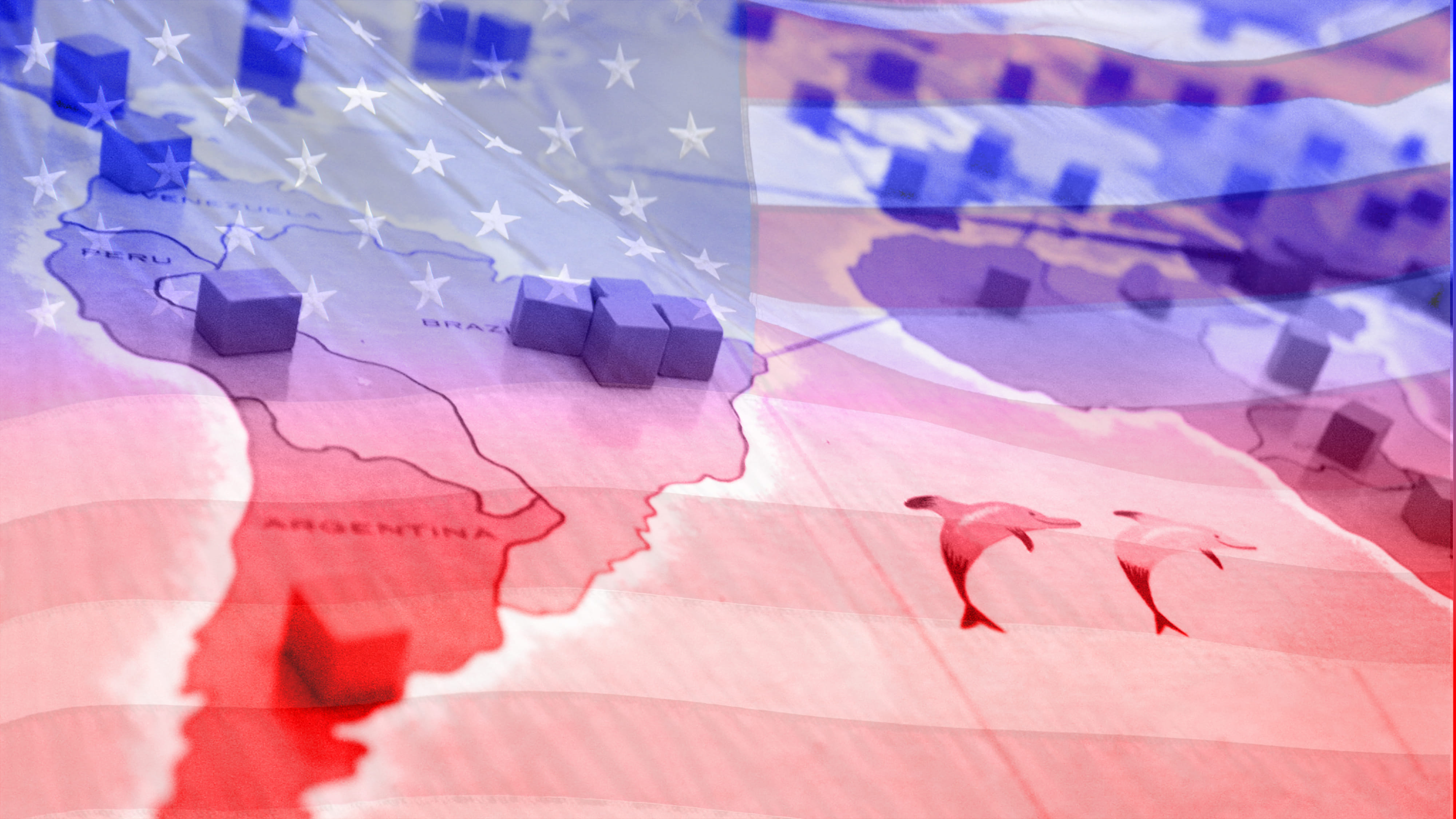 Spielbrett in Form einer Landkarte mit kleinen minimalistischen Gebäuben aus Holz, eingefärbt in blau und rot und der Andeutung der amerikanischen Flagge. 