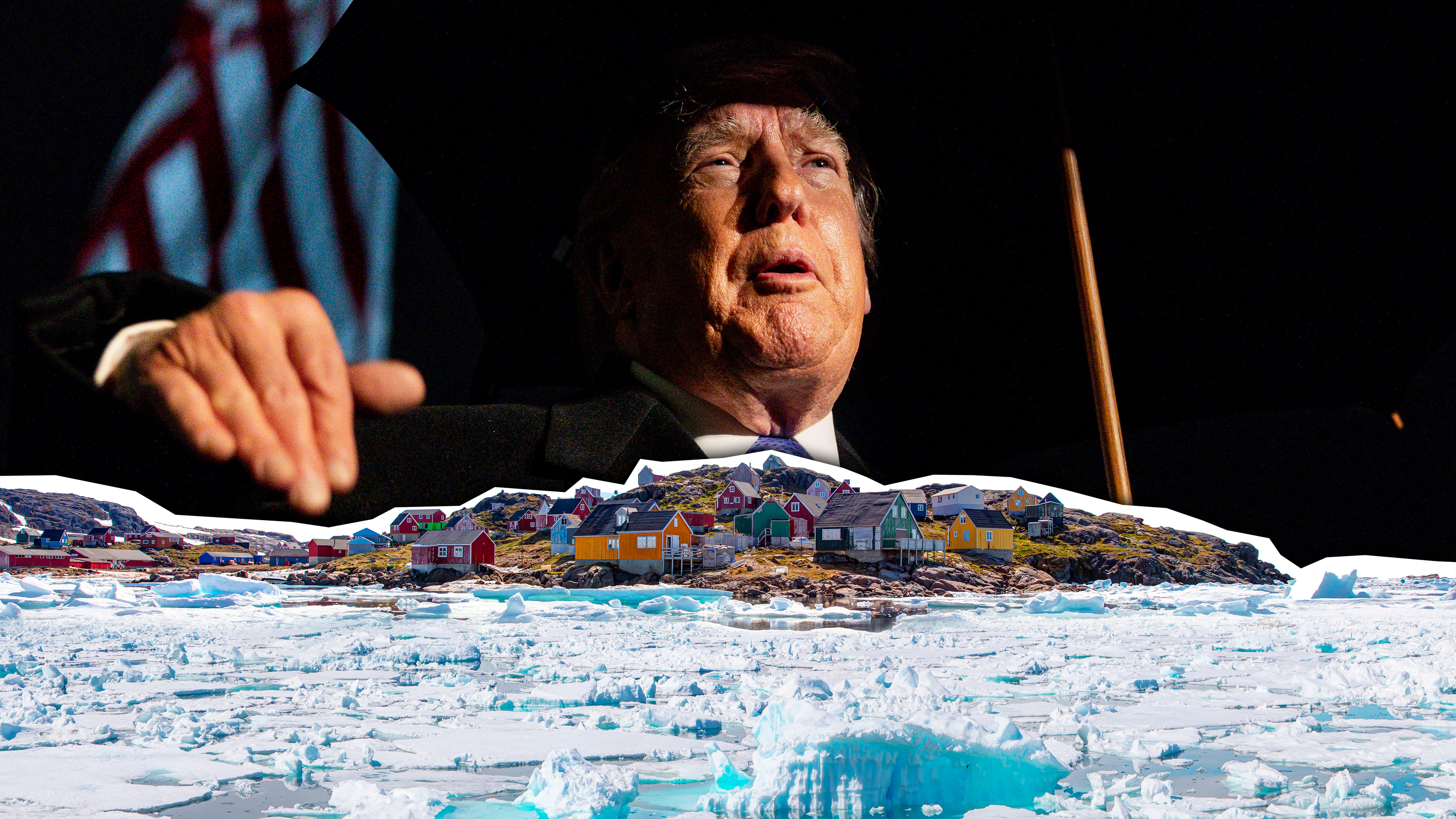 Zwei geteiltes Bild, von oben, Donald Trump bei einer Ansprache, unten Panorama von Grönland. 