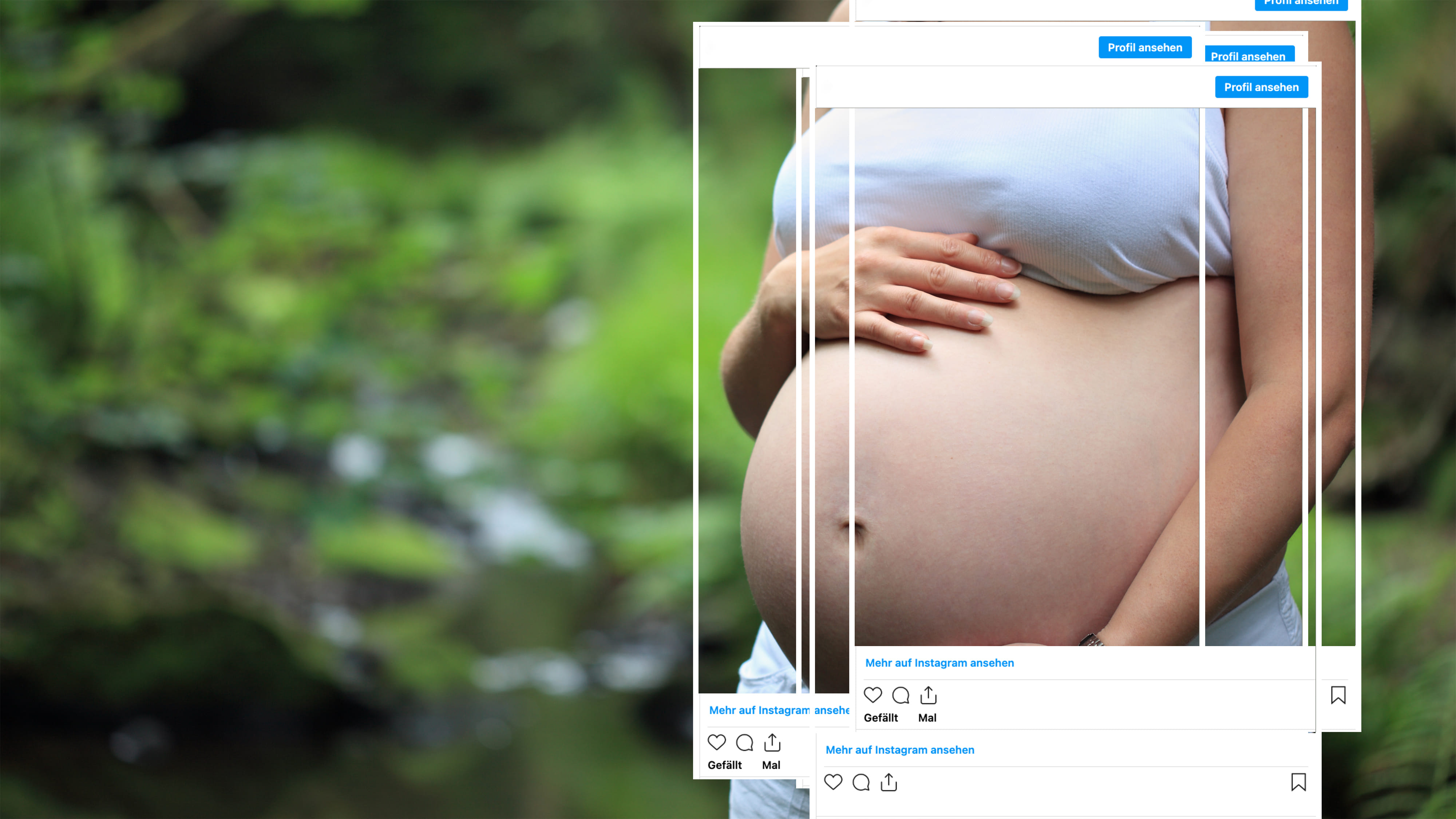 Man sieht einen dicken schwangeren Bauch und Instagramkacheln.