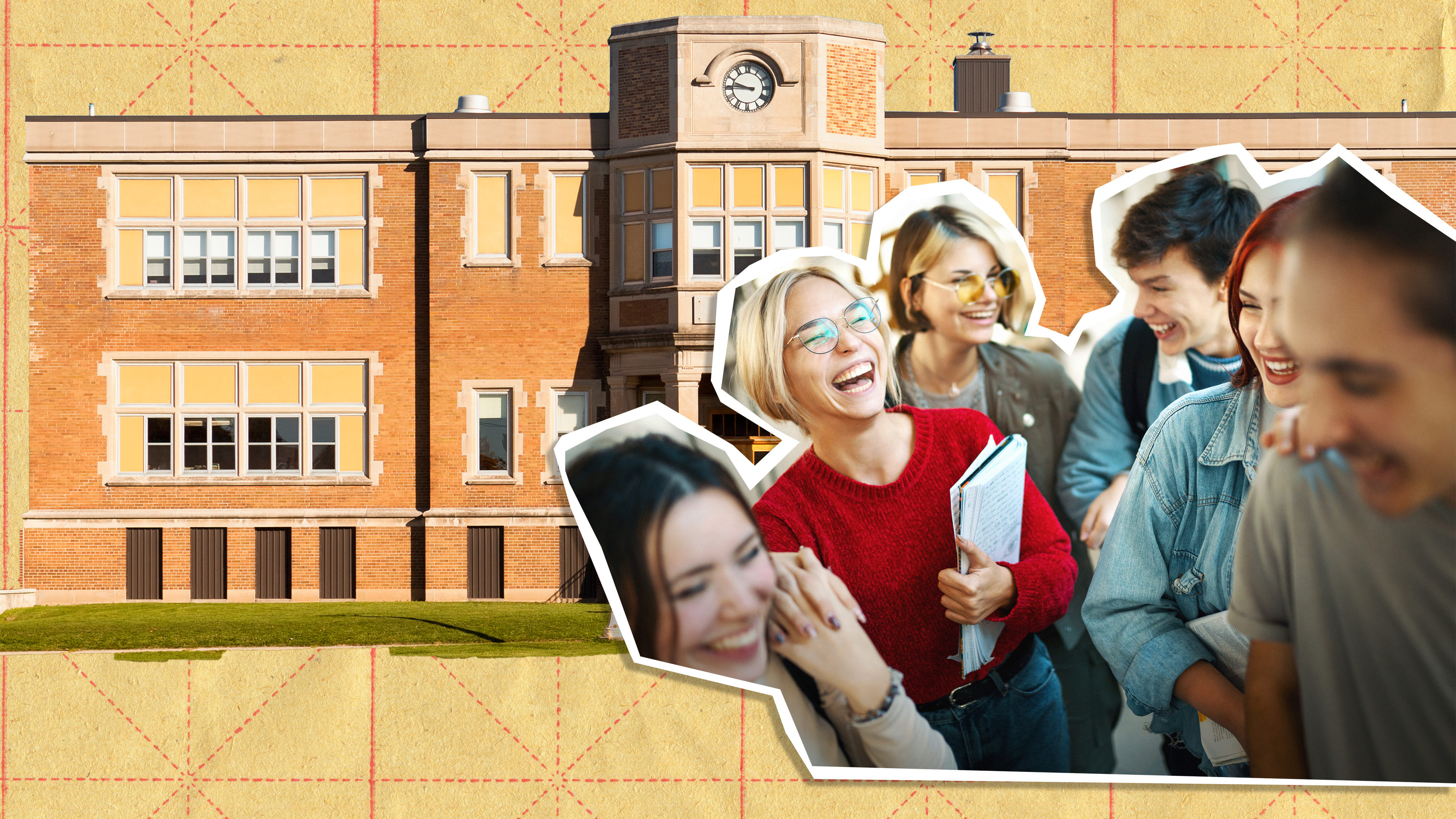 Gruppe von fröhlichen Menschen im Vordergrund, schulisch anmutendes Gebäude im Hintergrund auf gelben Kästchenpapier