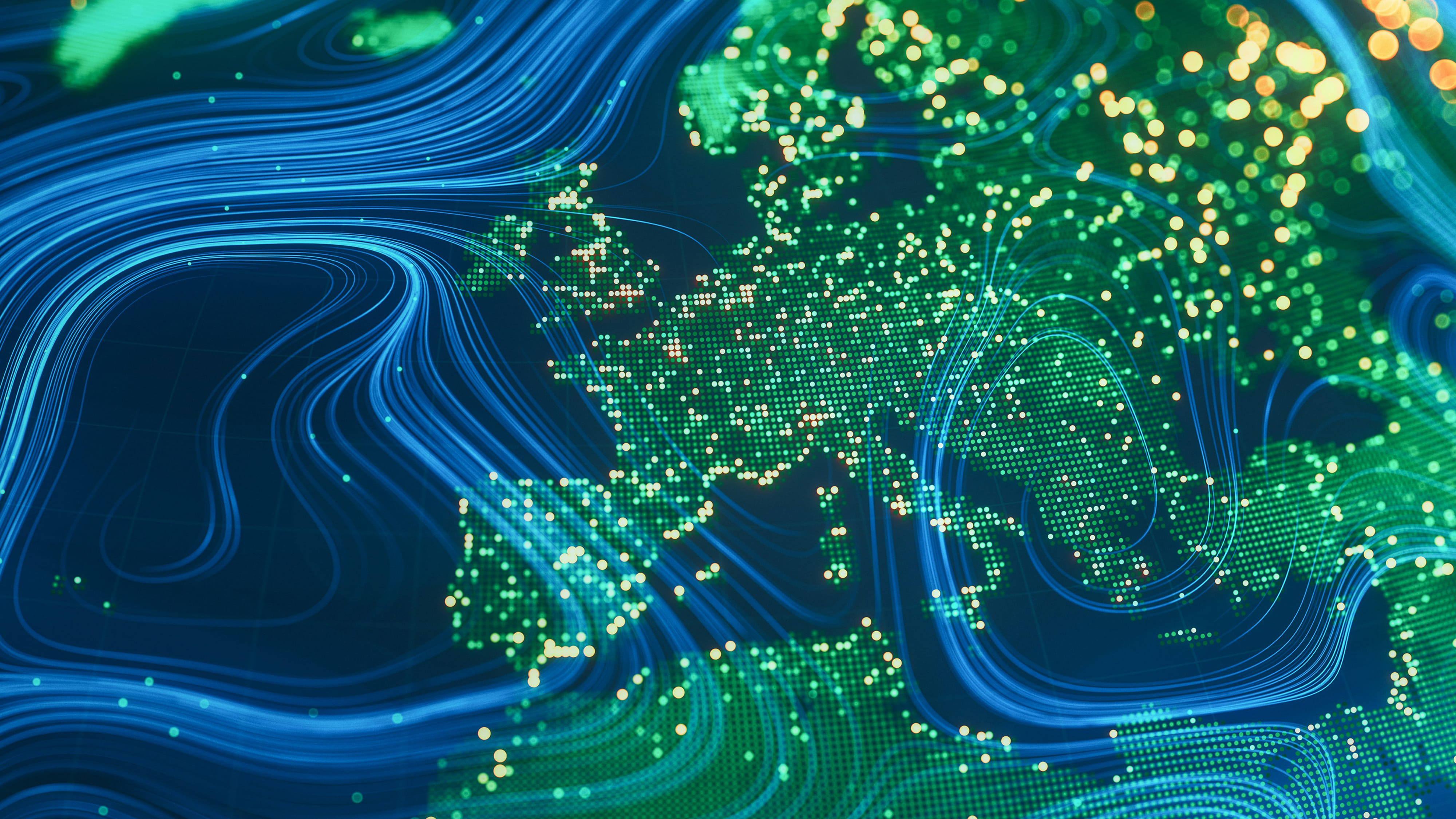 Europakarte aus dem all mit Andeuteungen digitaler Strömungen in Pixeloptik