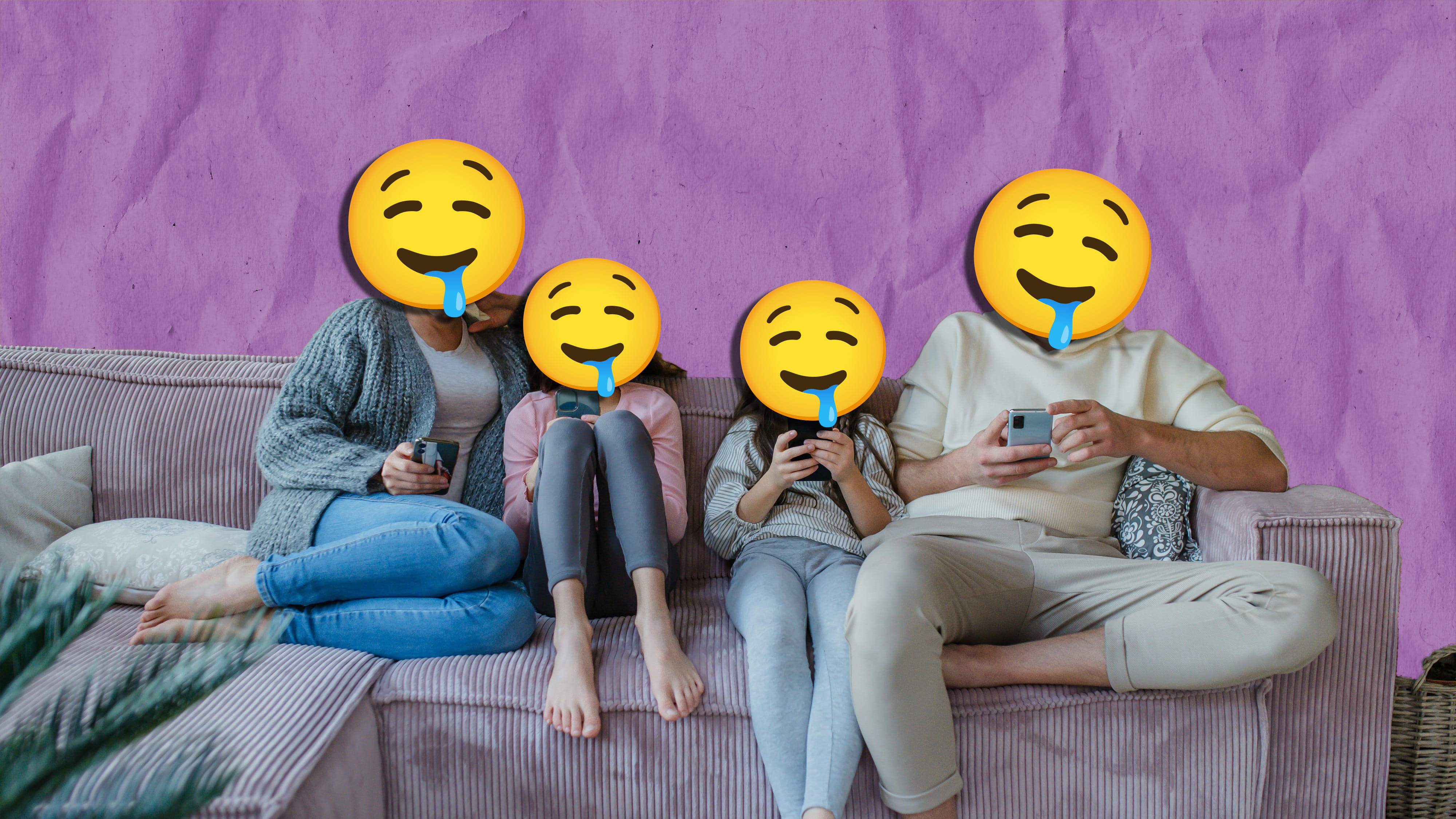 Familie am Handy, über ihrem Gesicht Emotes die intressiert schauen. 