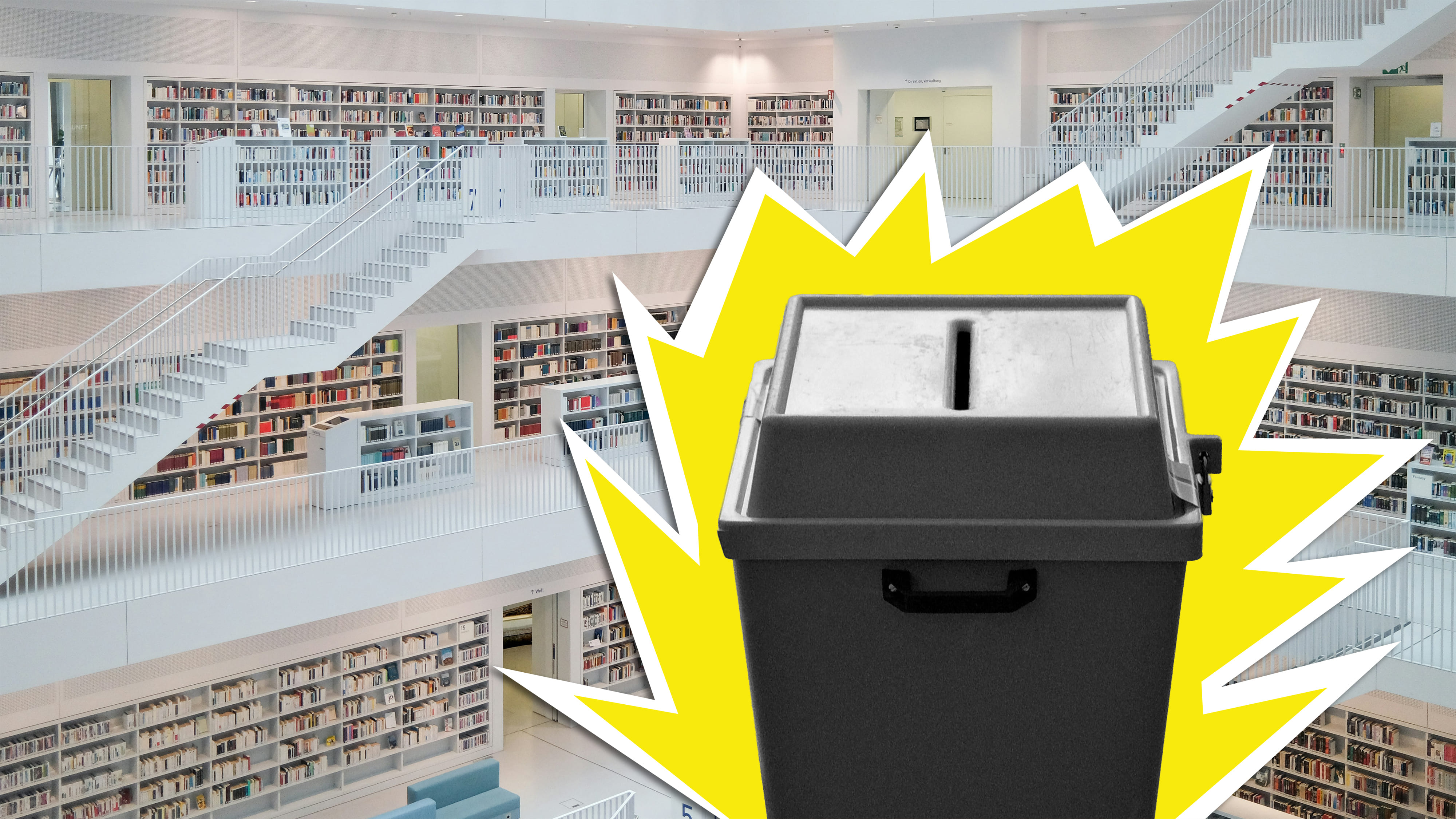 Wahlurne im Vordergrung und eine Bibliothek im Hintergrund. 