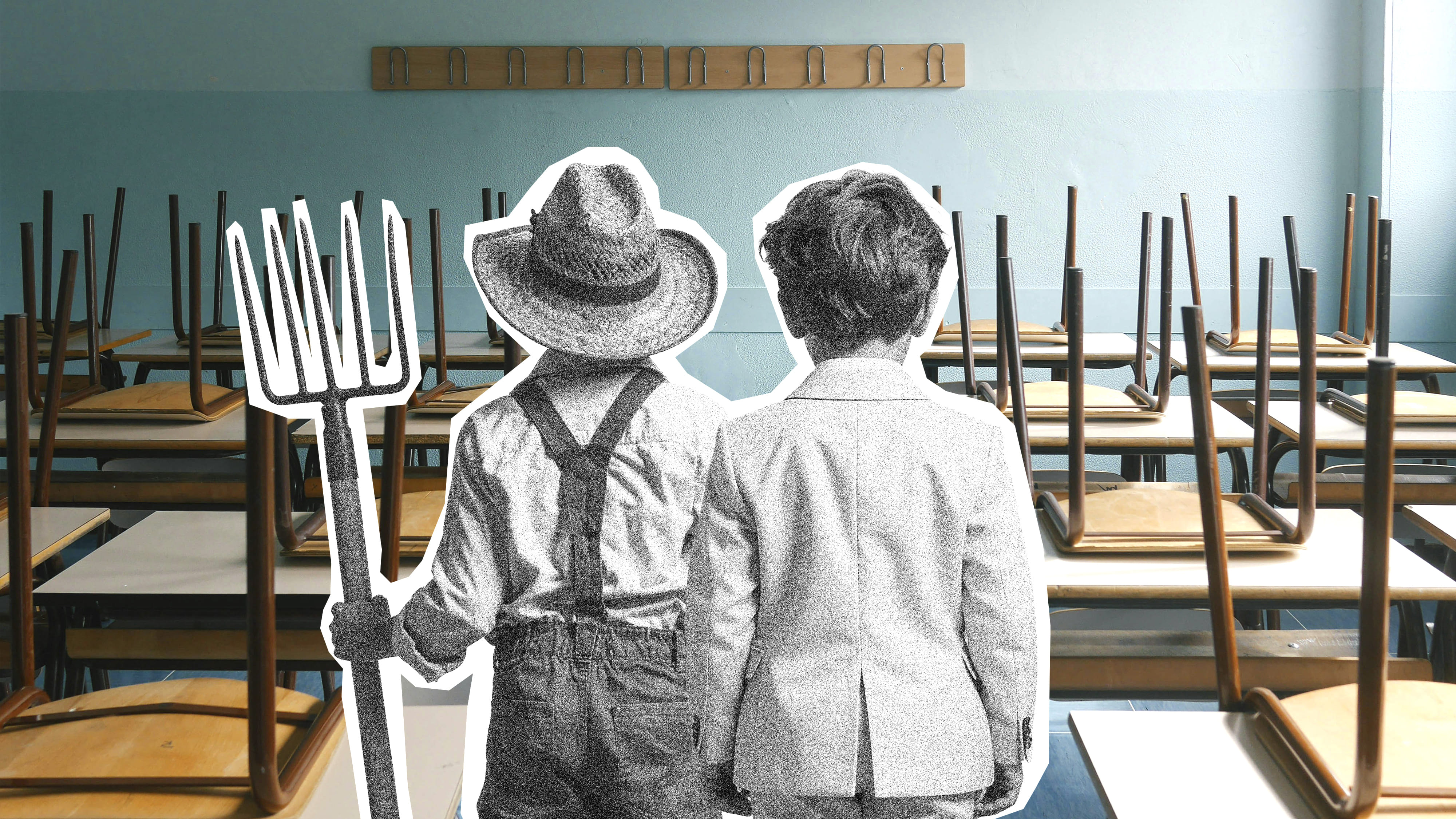 Zwei Kinder mit Landwirtschaftsgeräten und ein Klassenraum