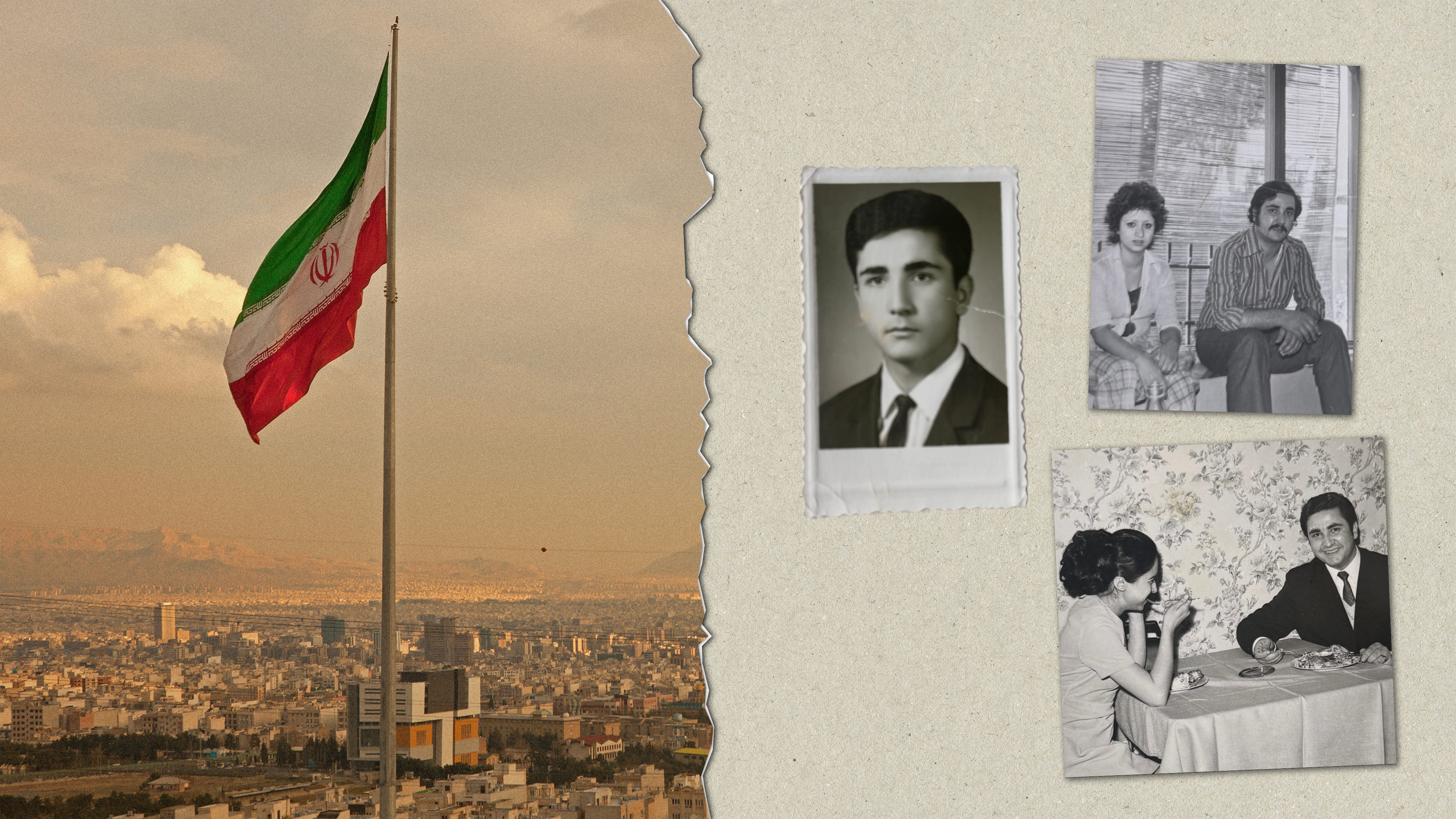 Links sieht man eine Stadt in Iran. Rechts Familien-Fotos in Schwarz-Weiß.