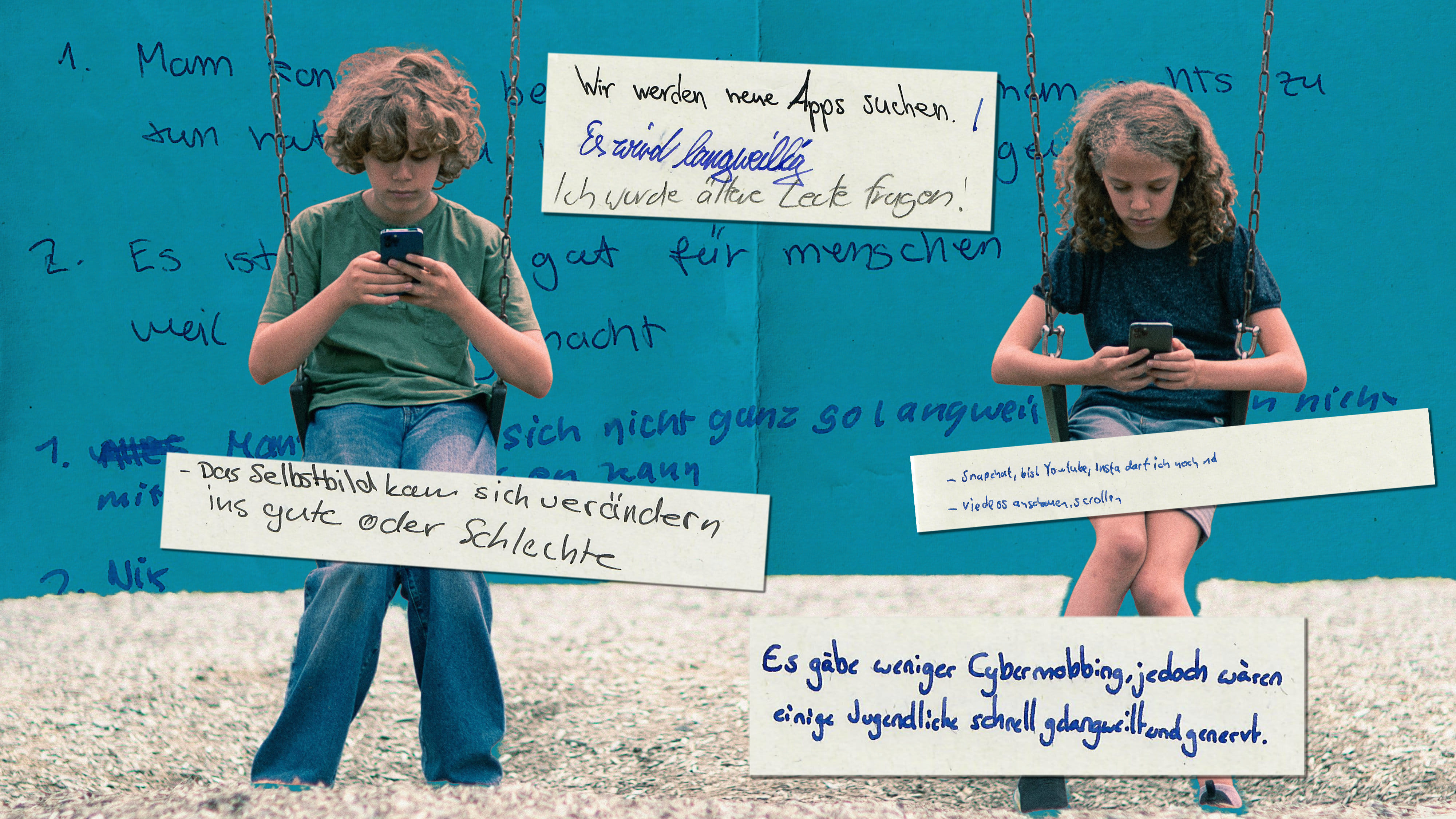 Zwei Kinder auf einer Schaukel schauen auf ihr Handy, im Hintergrund Ausschnitte aus einer Umfrage zu Social Media