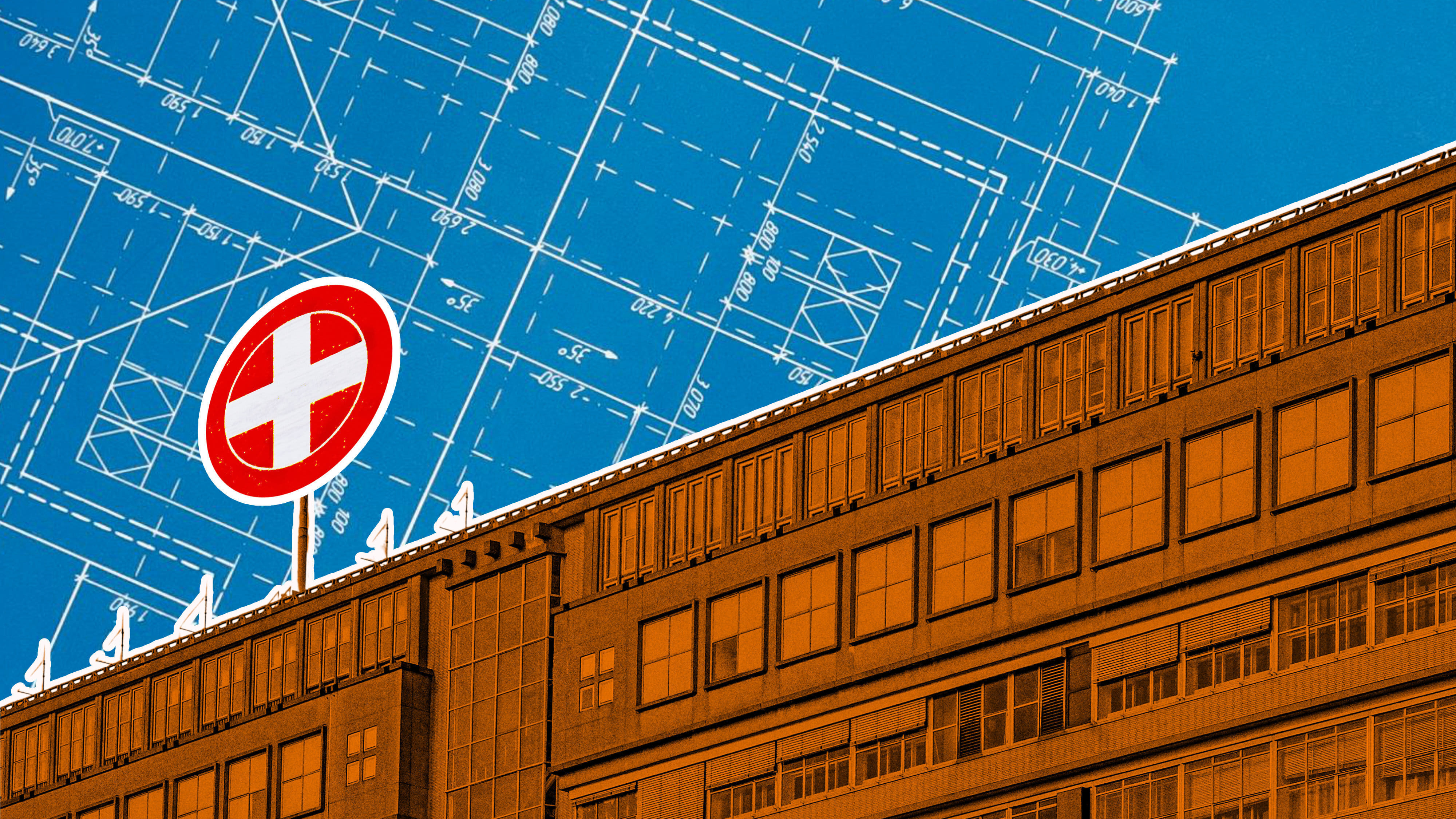 Ein Krankenhaus im Vordergrund, eine Blaupause hinten