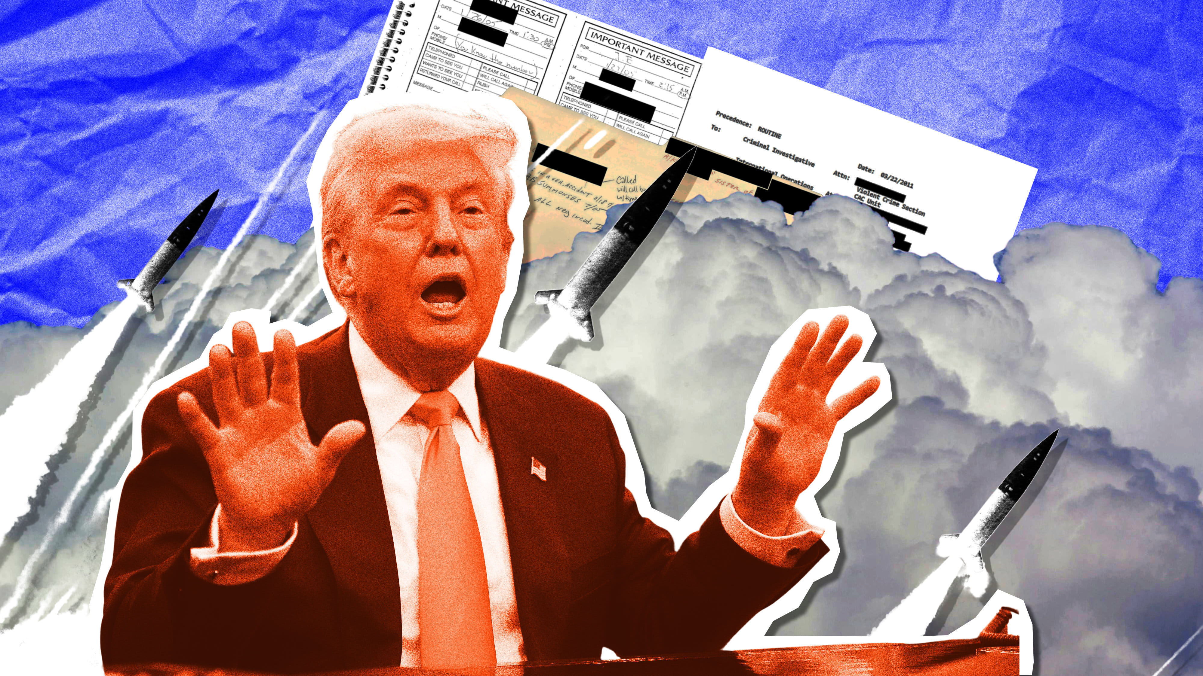 Donald Trump macht eine entschuldigende Geste, im Hintergrund Raketen und Auszüge aus den Epstein-Akten