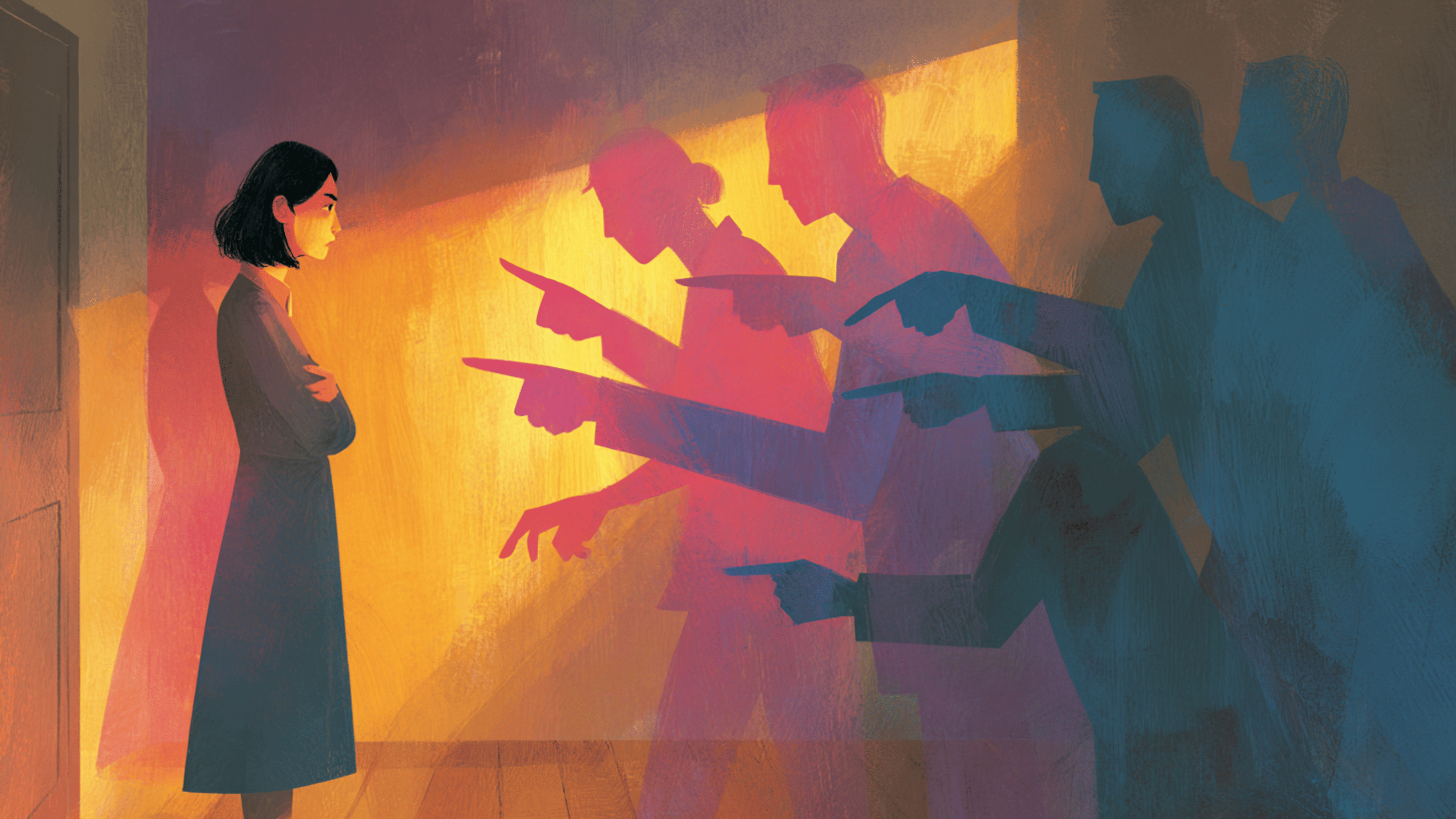 Eine Frau steht in einem Raum, während mehrere schemenhafte Gestalten auf sie zeigen