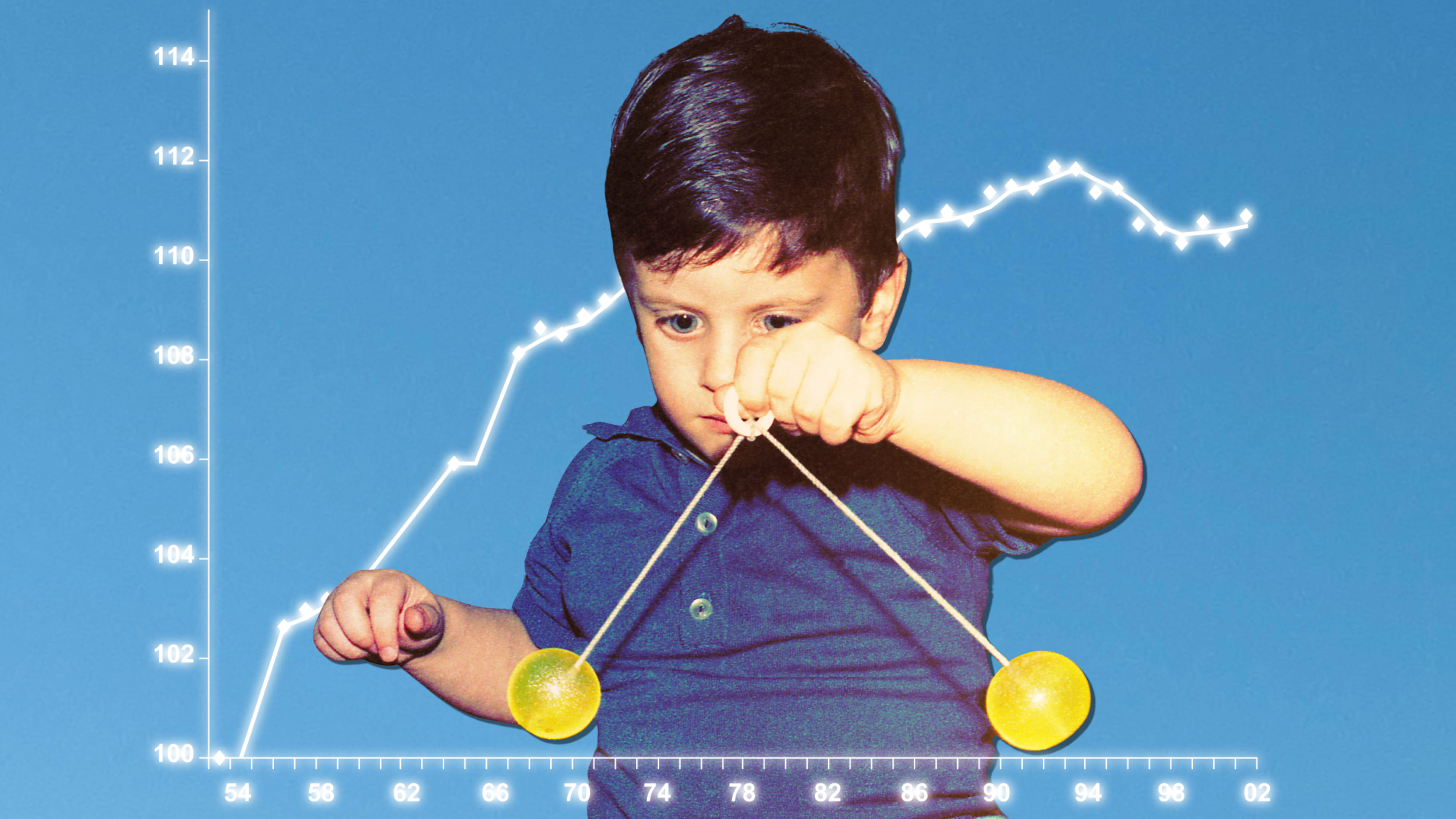 Ein Kind spielt mit einem Pendel, hinten: Grafik einer norwegischen Studie