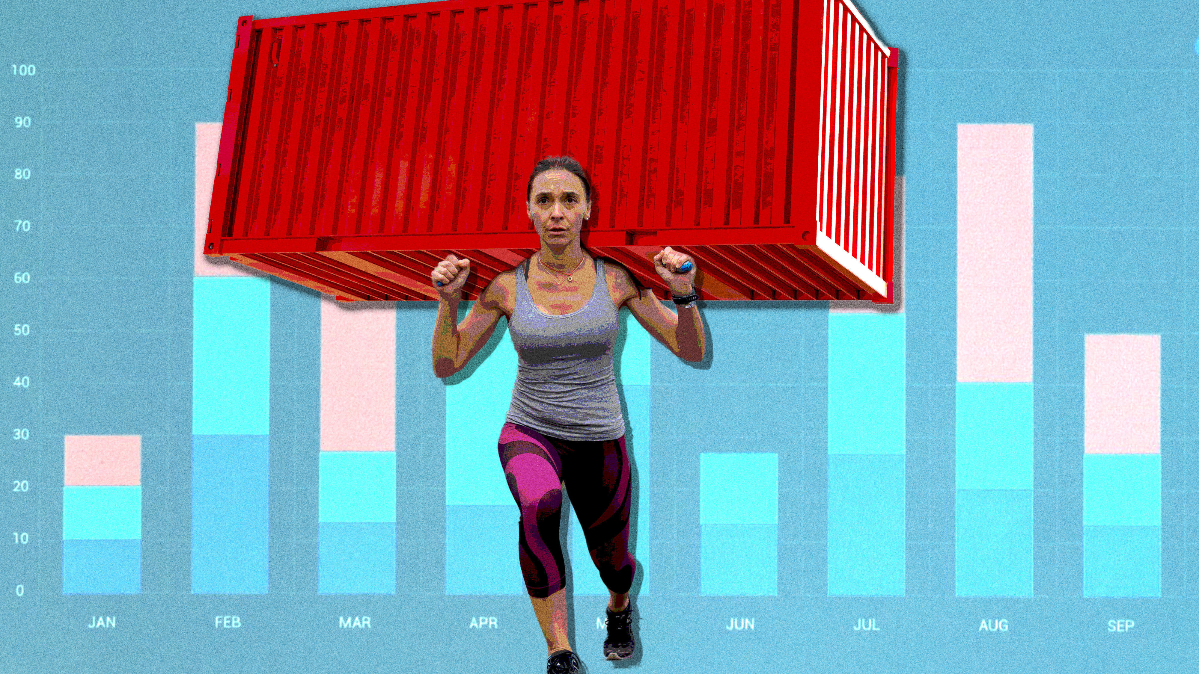 Man sieht eine Collage: eine Frau stemmt einen Container, im Hintergrund sieht man ein Balkendiagramm.