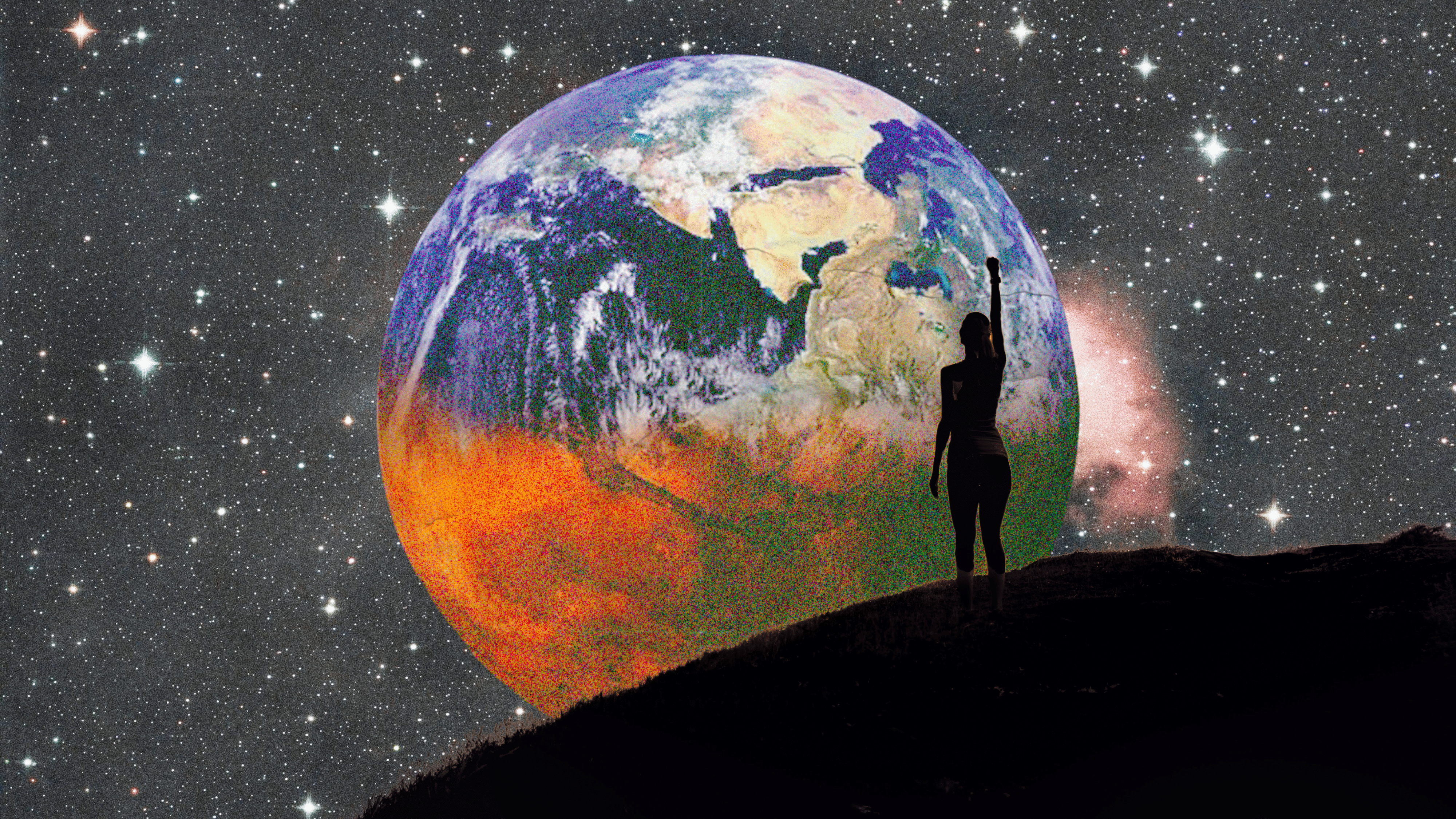 Die Erdkugel vom Weltall aus gesehen, davor die Silhouette einer Frau mit erhobener Faust