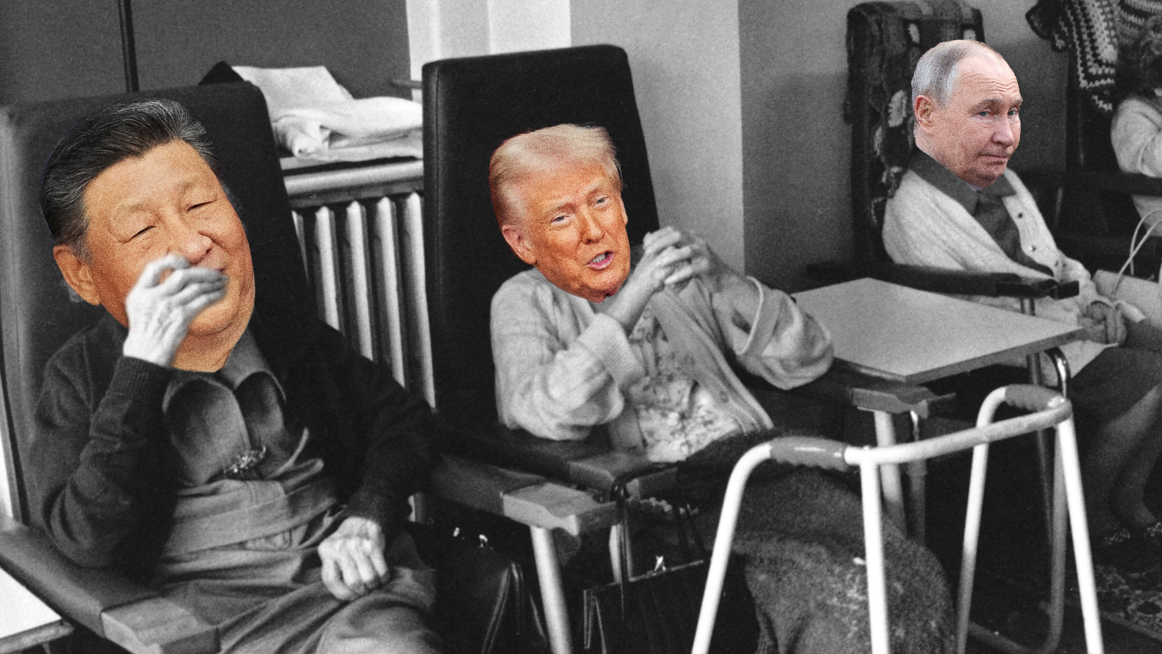 Eine Collage: Trump, Xi und Putin sitzen in einem Altenheim.