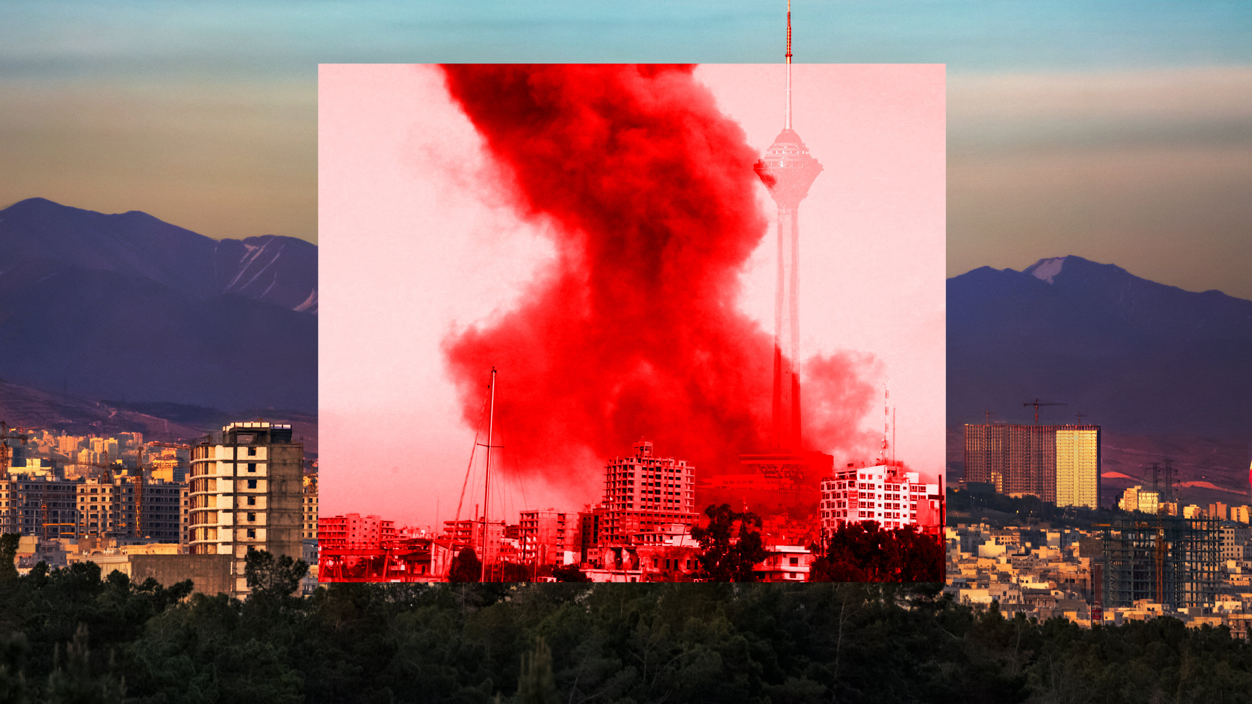 Skyline von Teheran, mittendrin eine Explosion eines Luftschlags.