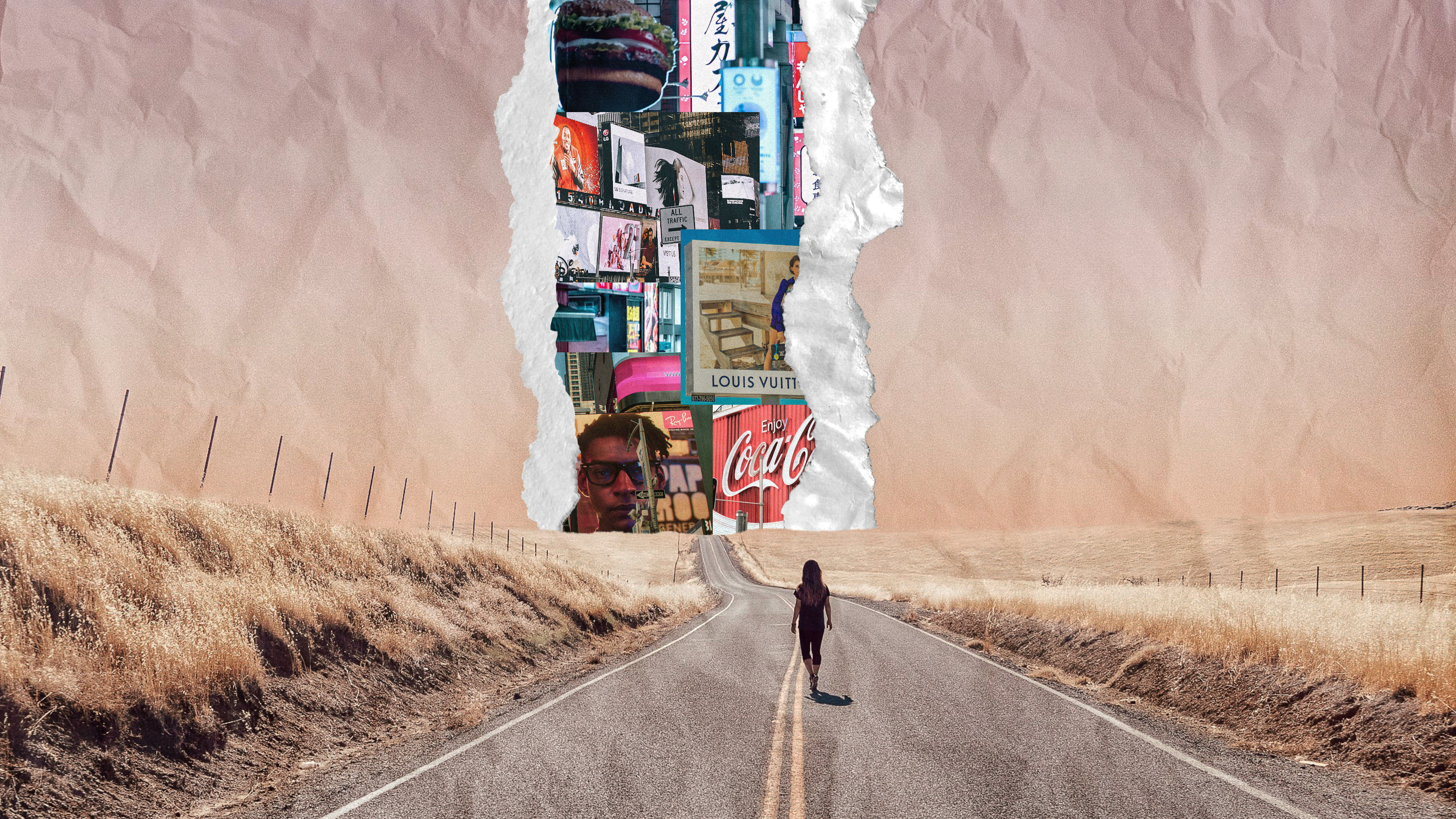 Collage: Eine Person auf einer Landstraße, am Horizont reißt der Himmel auf und zeigt sehr viel Werbung