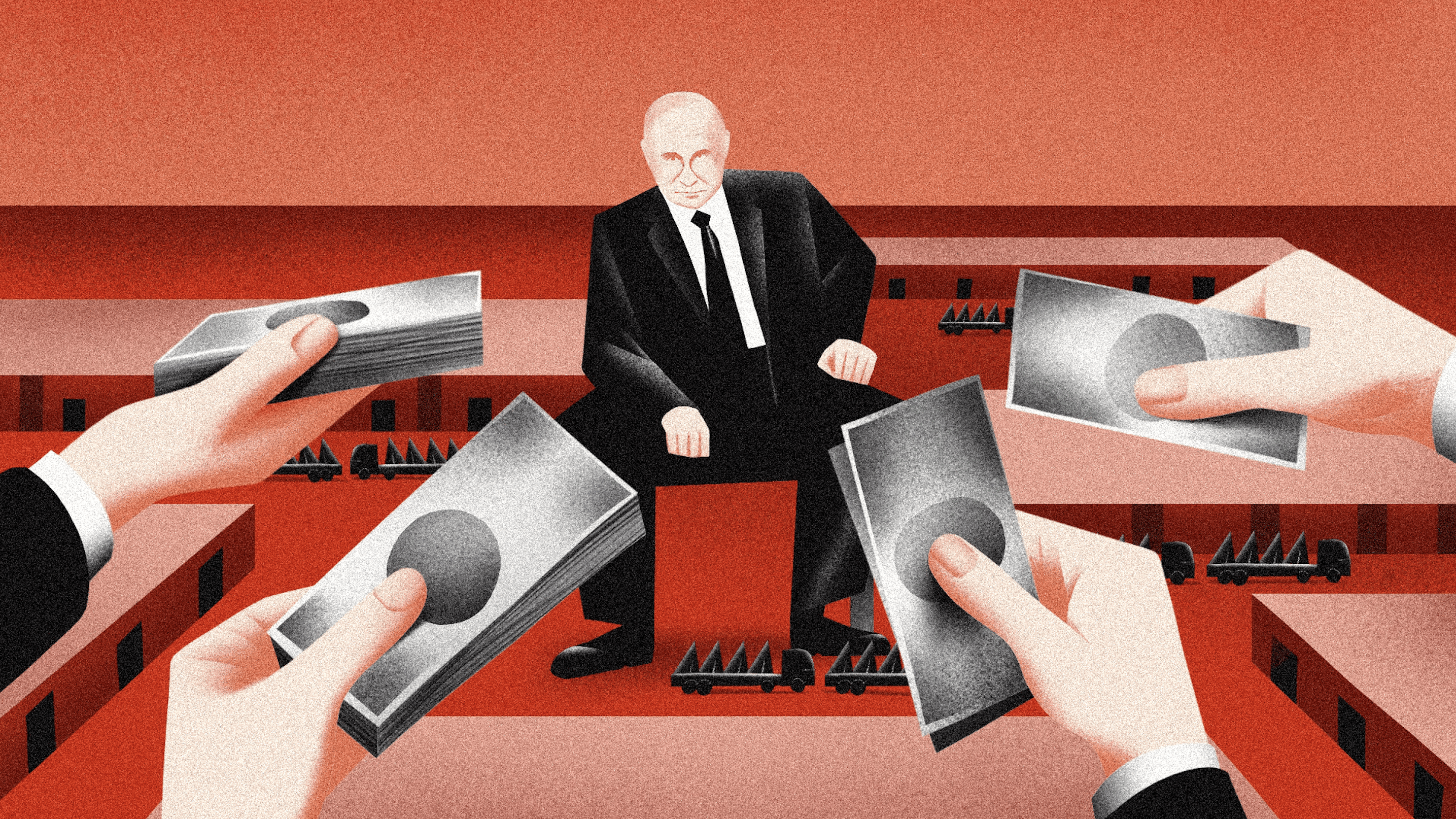 Eine Grafik, in der eine Person in der Mitte sitzt und viele Hände reichen ihr Geldscheine.