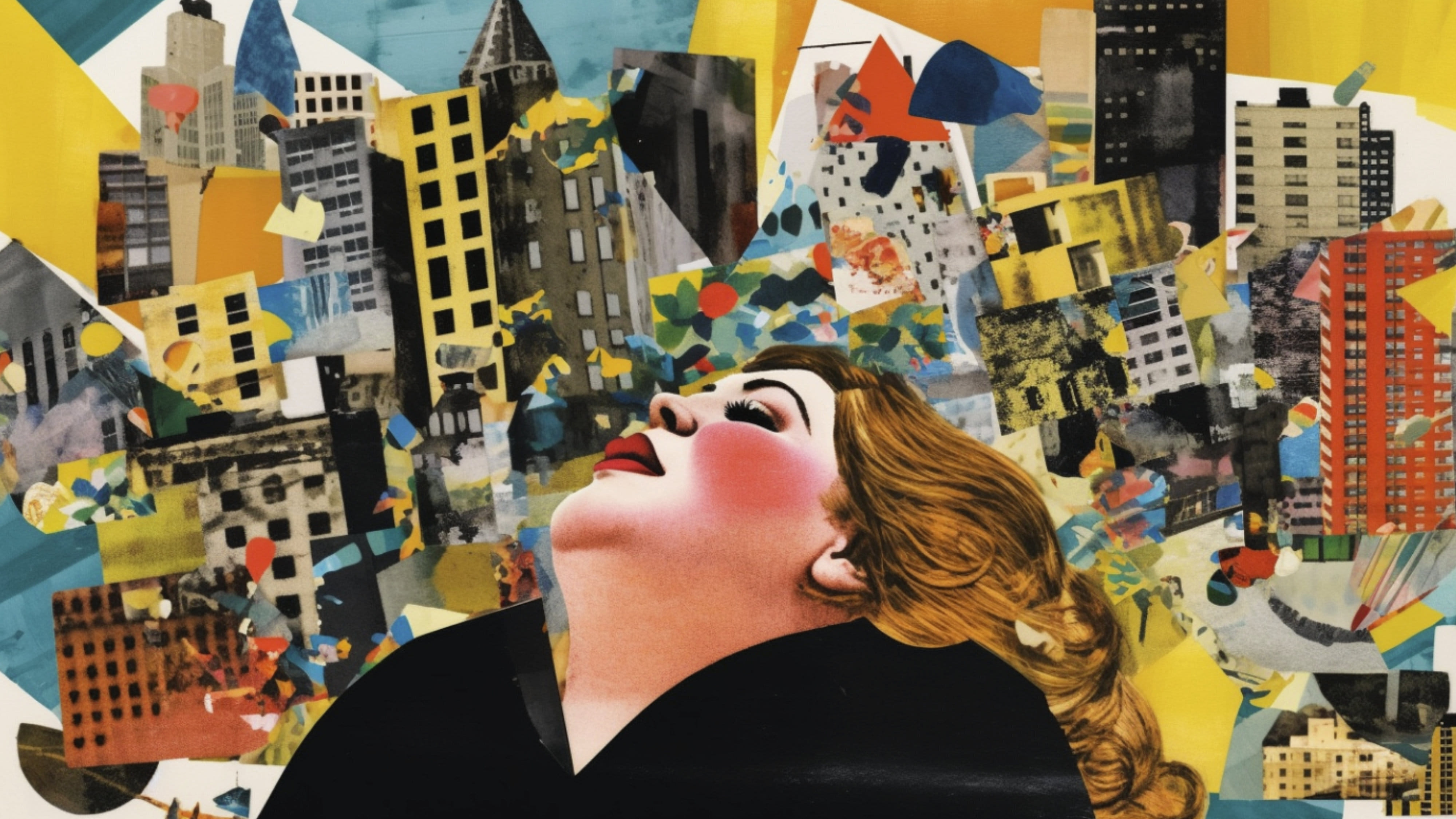 Illustration einer Frau, die den Kopf zurückwirft. Im Hintergrund die illustrierte Collage einer Stadt.