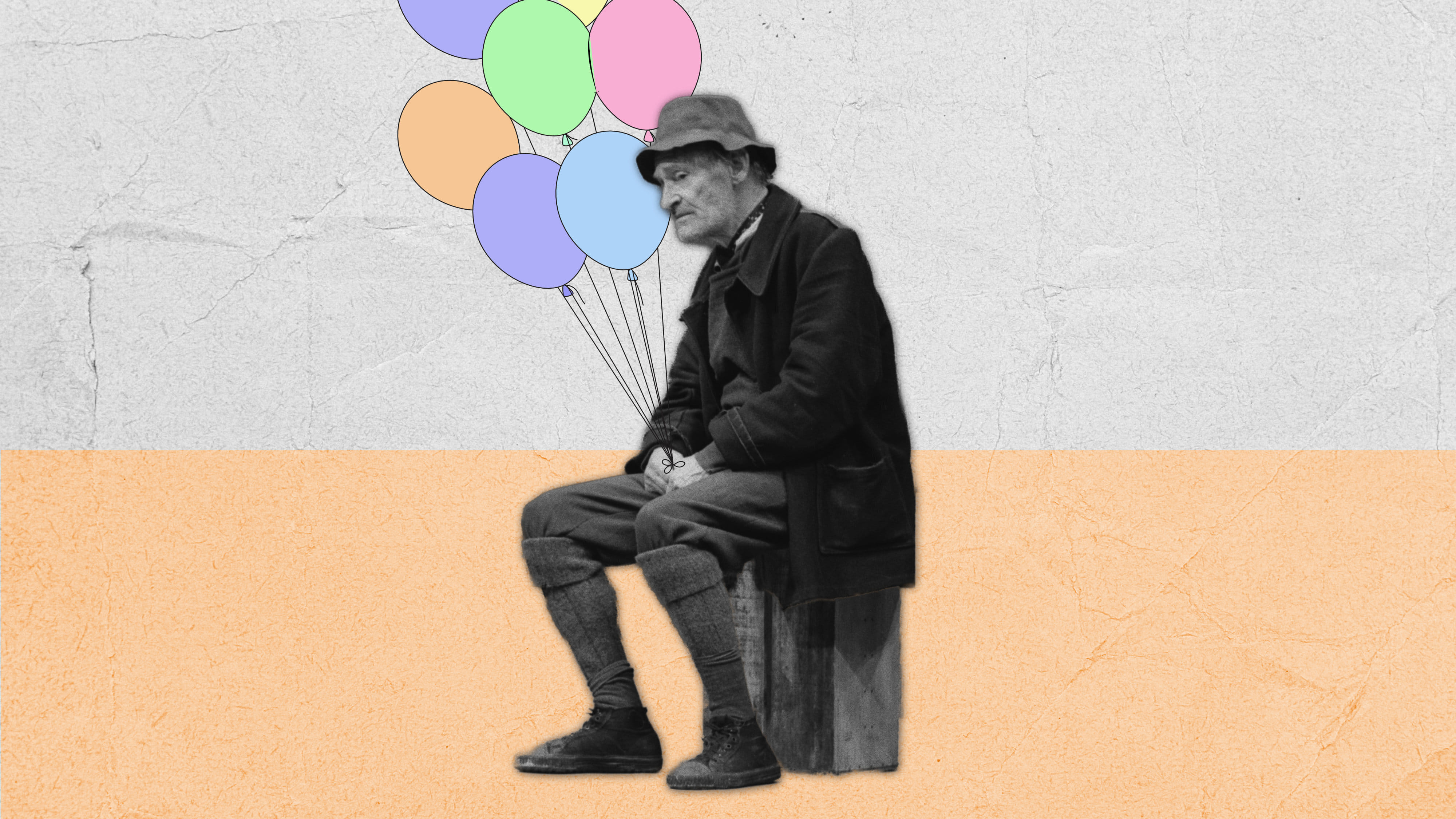 Ein Pensionär sitzt auf einer Holzkiste, in der Hand eine Traube Luftballons