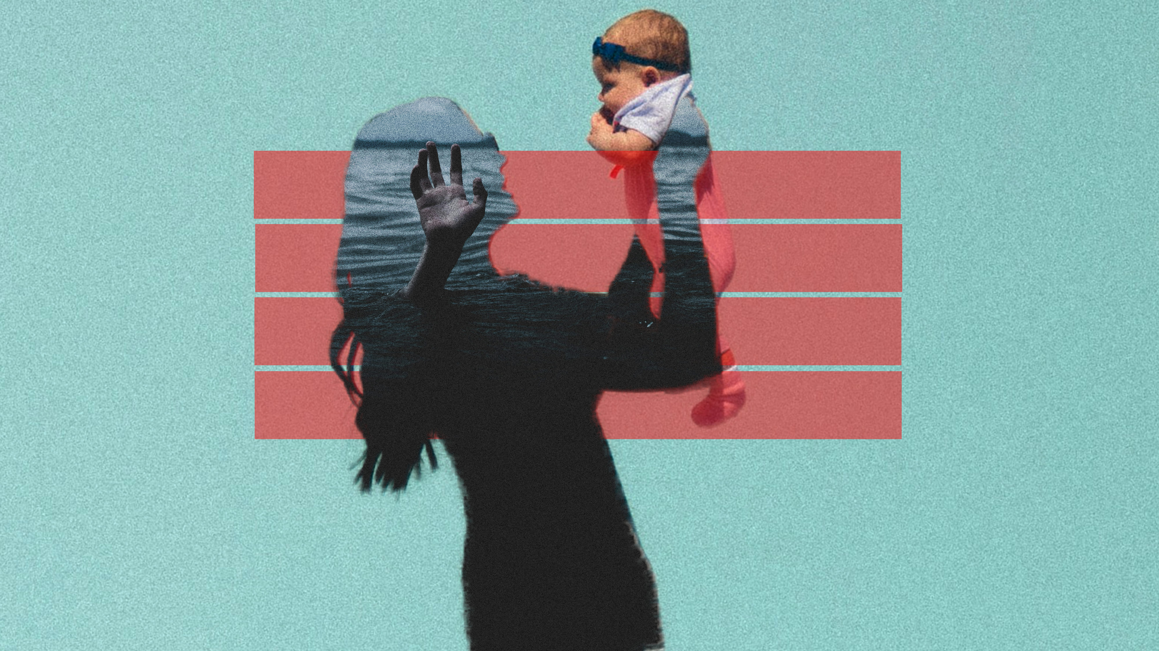 Eine Mutter hält ihr Kind im Arm, in ihrer Silhouette sieht man eine Hand die aus tiefem Wasser ragt.