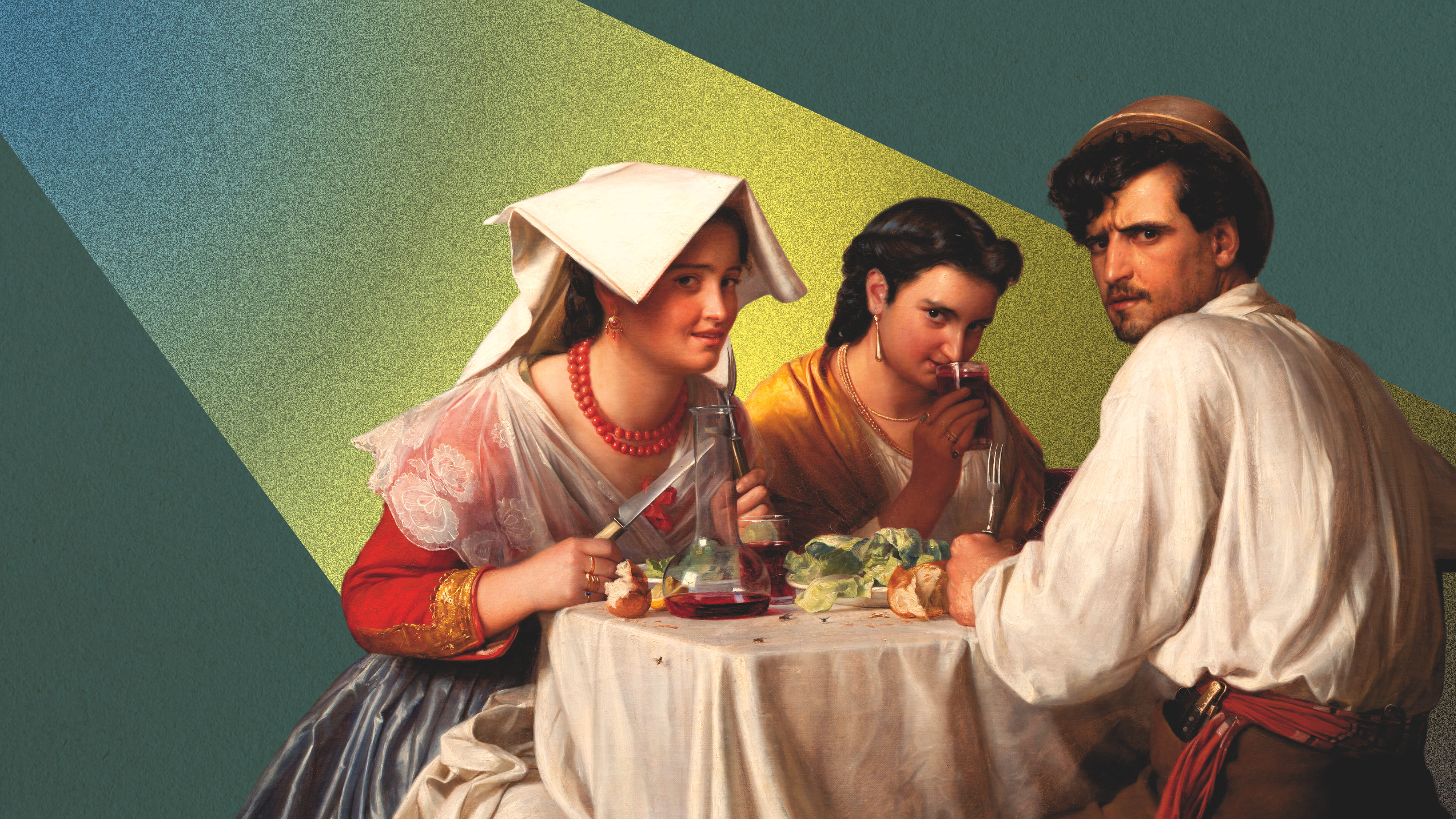 Collage von einem Gemälde von Menschen, die beim Essen sitzen.