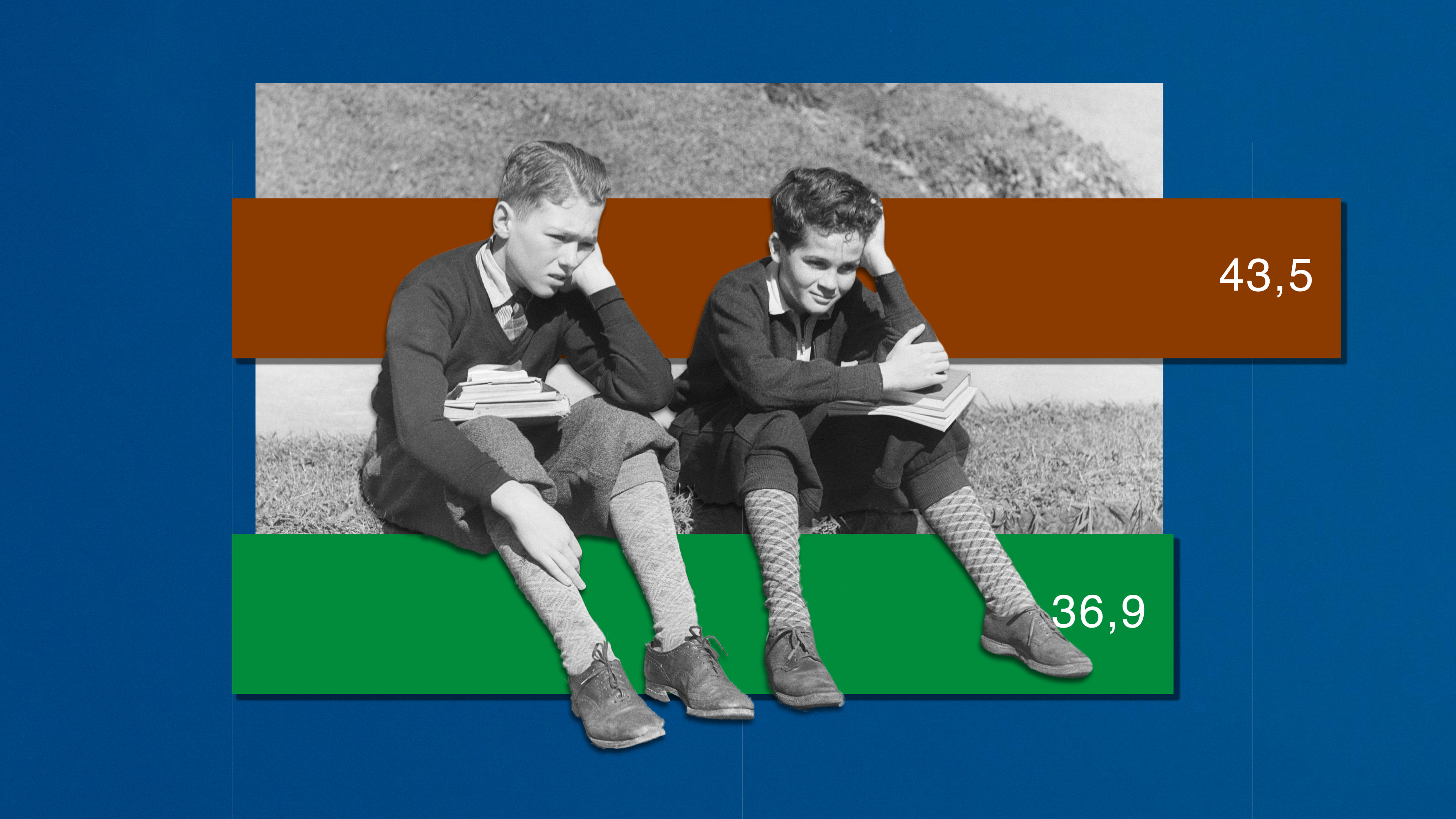 Fotomontage: Zwei Schuljungen sitzen auf dem Bordstein, dahinter eine Grafik.