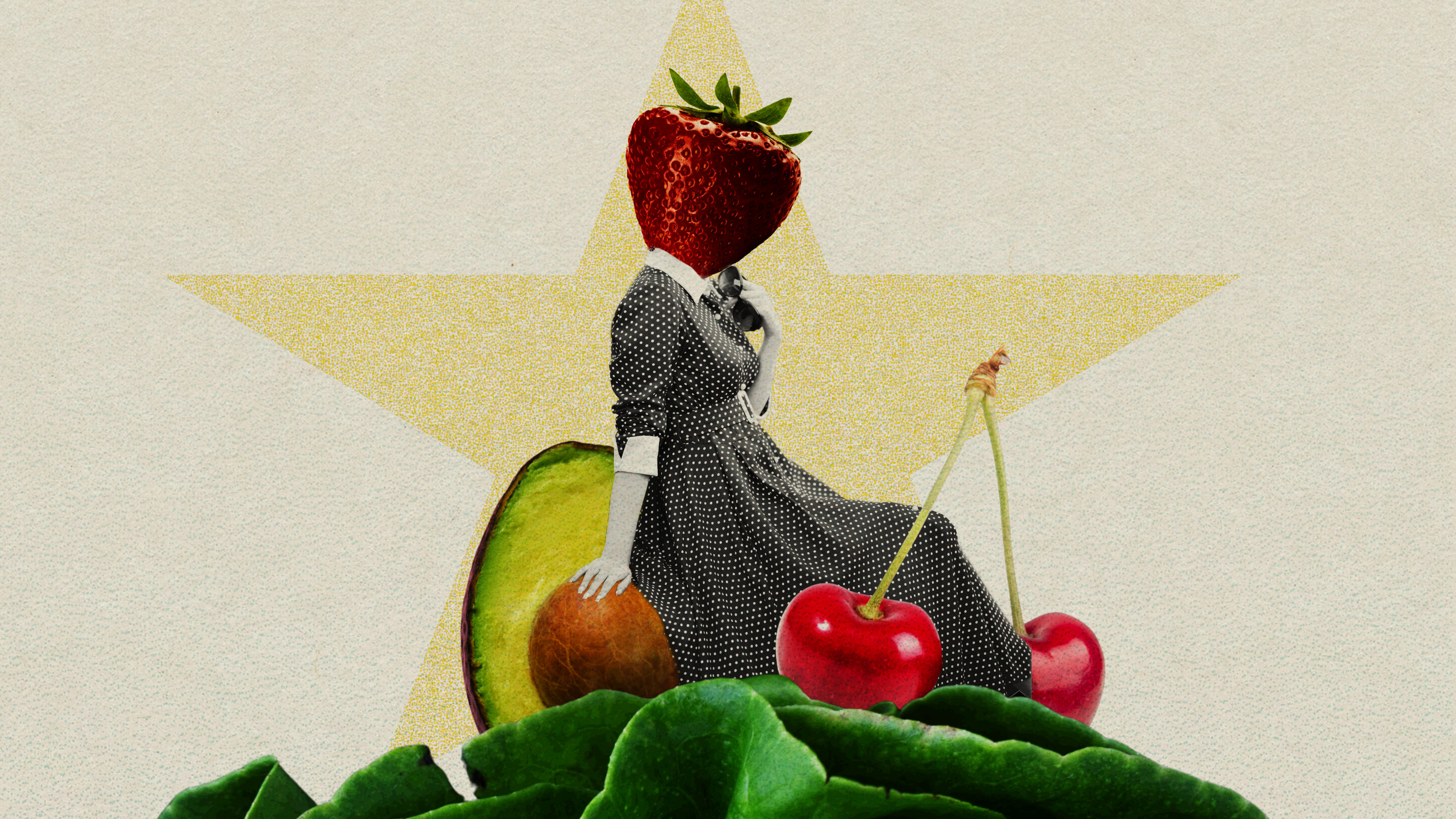 Collage: Eine Frau mit einem Erdbeerkopf sitzt auf einer Avocado.