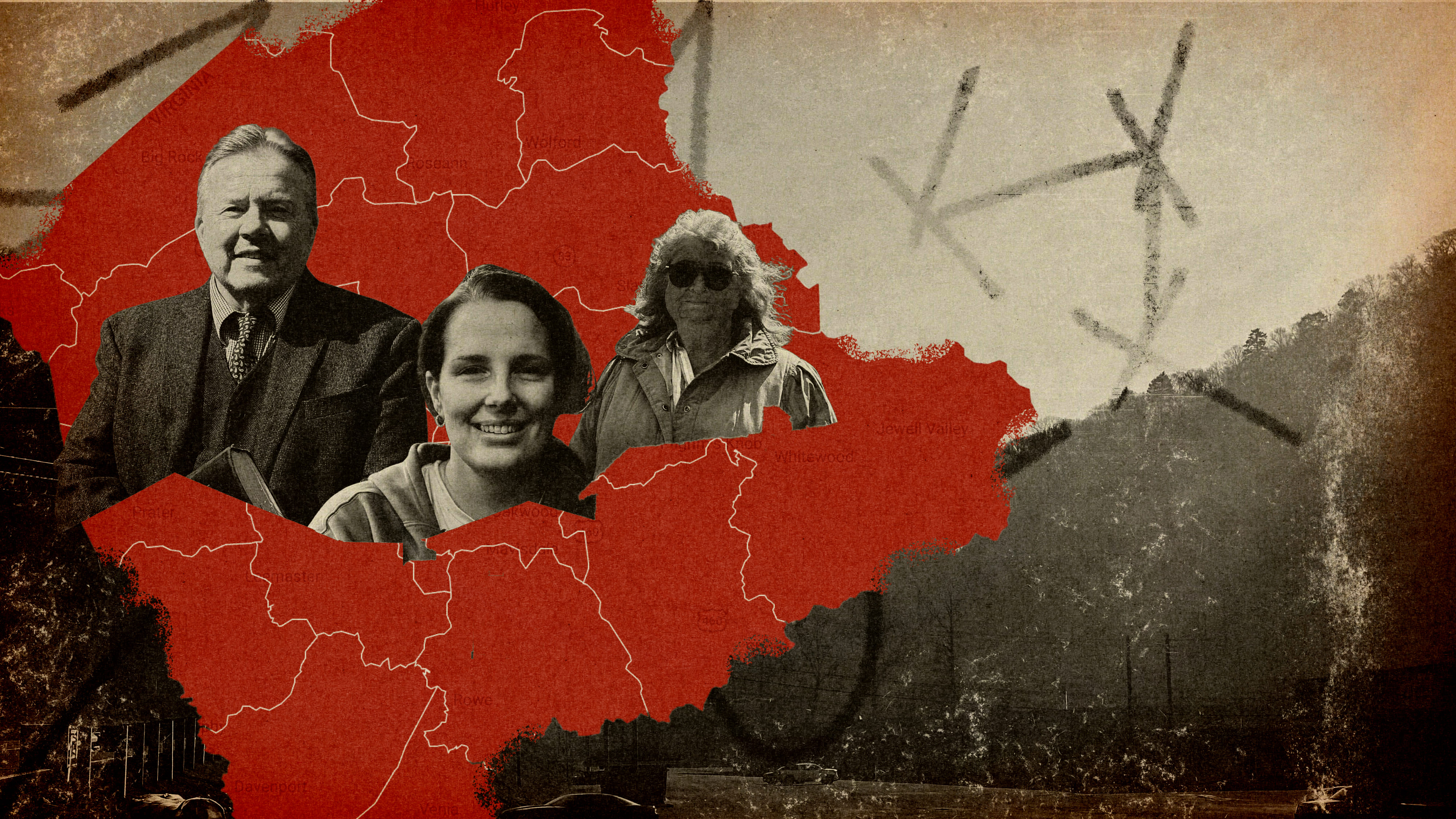 Collage: Die Portraits von Brandi Hurley, Linda Matney und Rick Kelley vor dem Kartenumriss von Buchanan County, Virginia.