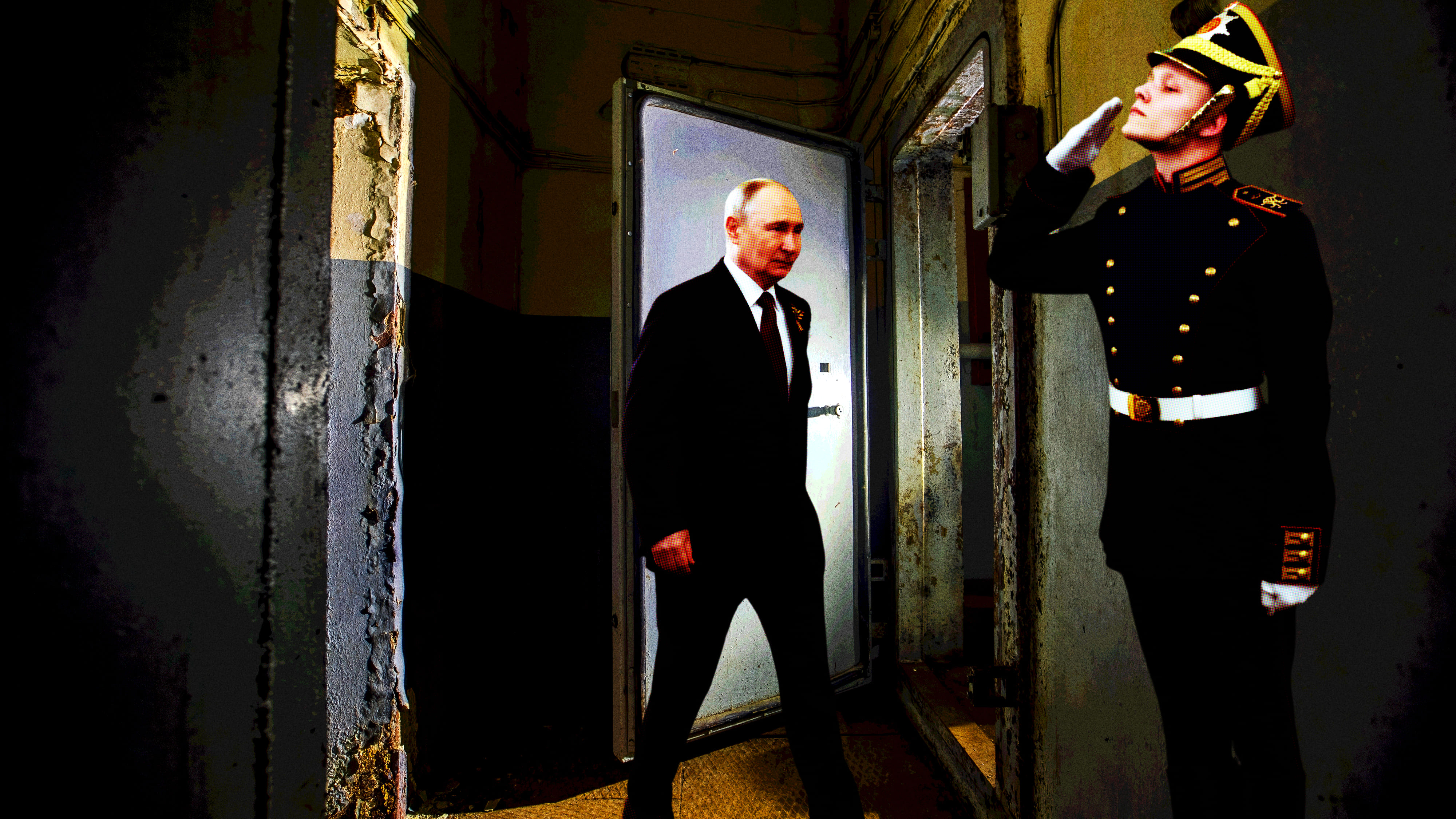 Collage: Putin betritt einen unterirdischen Bunker, ein Wachmann salutiert.