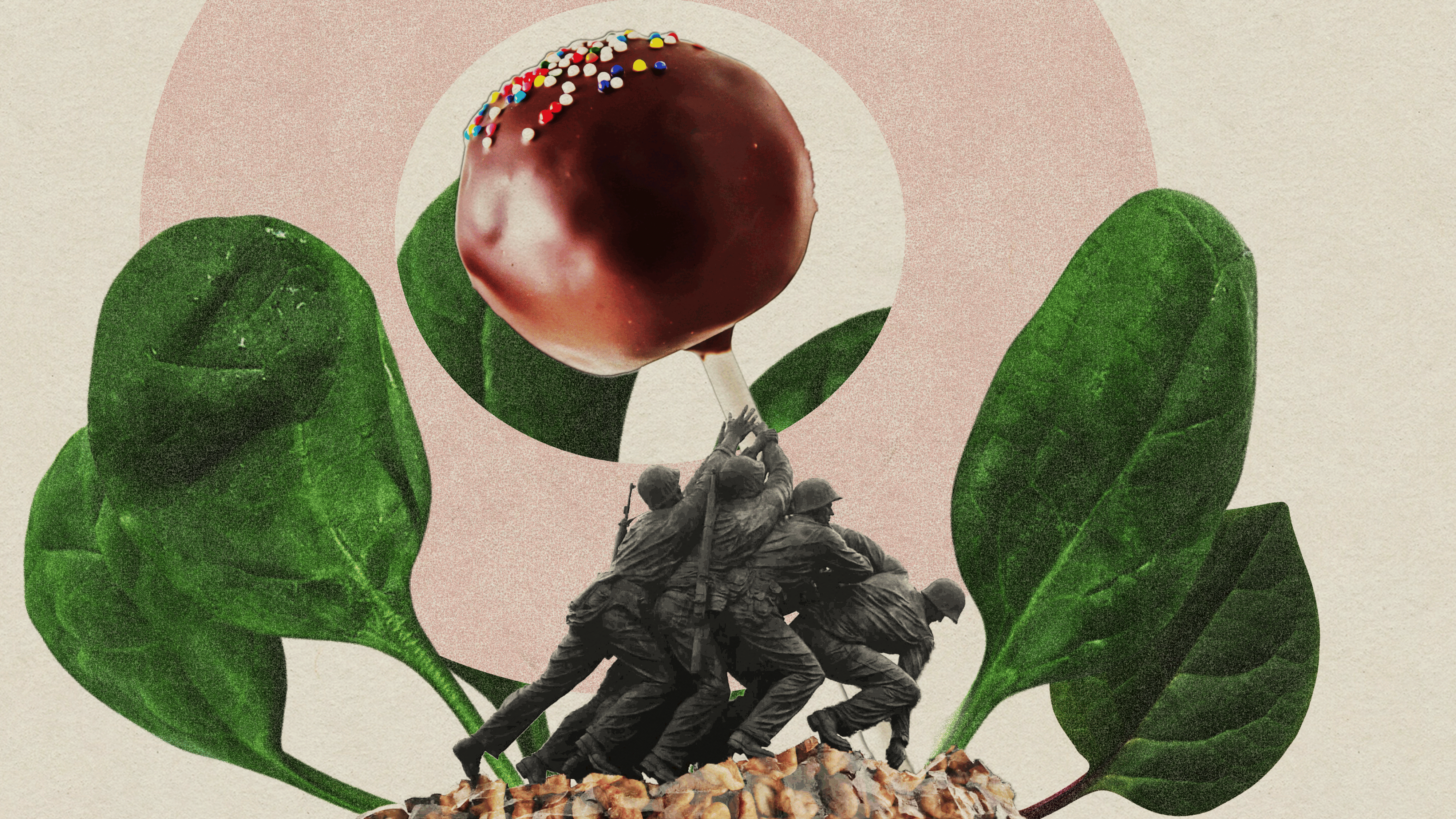 Collage: Soldaten versuchen, einen Cake Pop zwischen Spinatpflanzen zu errichten.