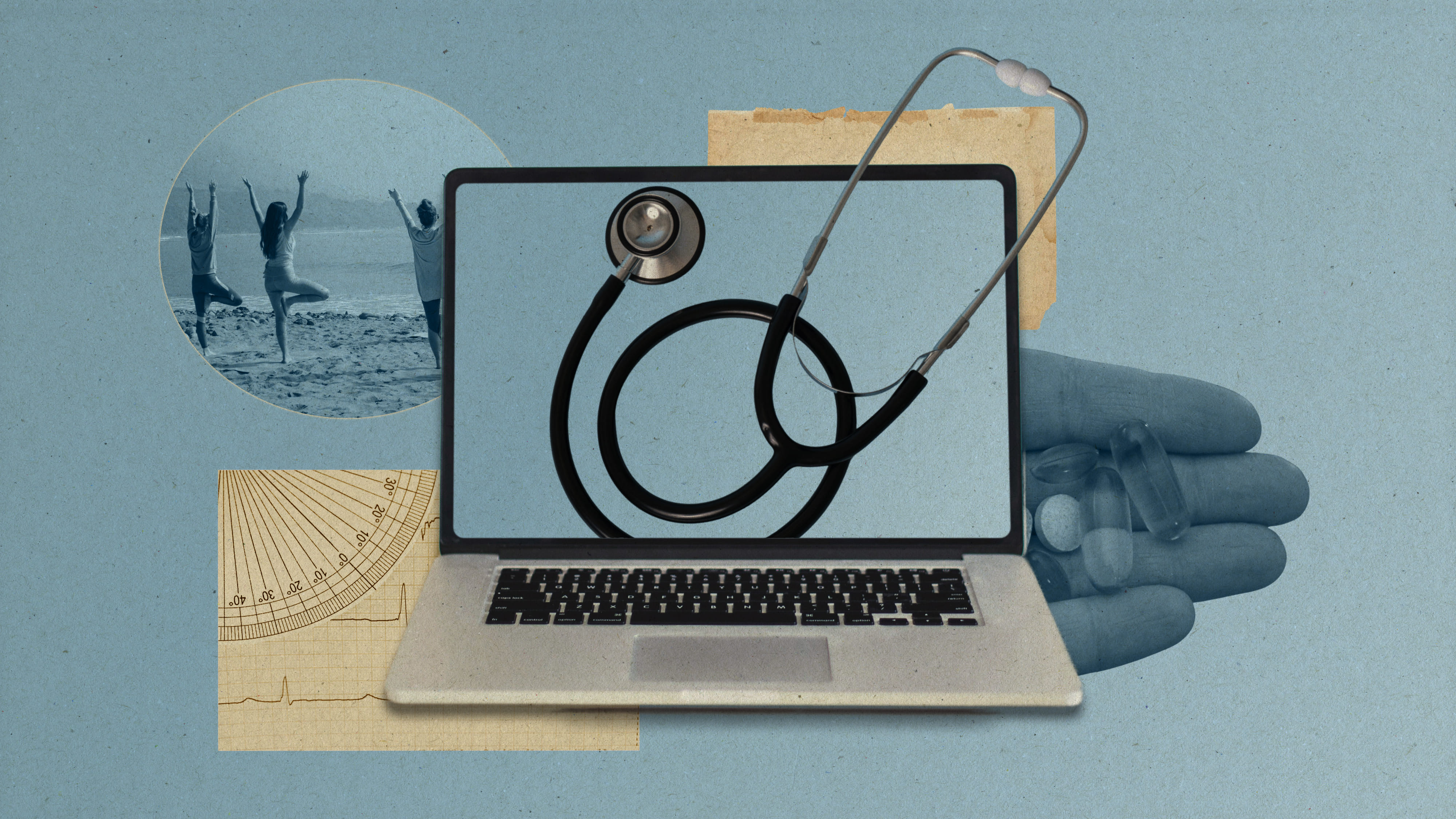 Collage: Ein Laptop, aus dem ein Stethoskop ragt, daneben ein EKG, Pillen, ein Zettel und ein Yogakurs.