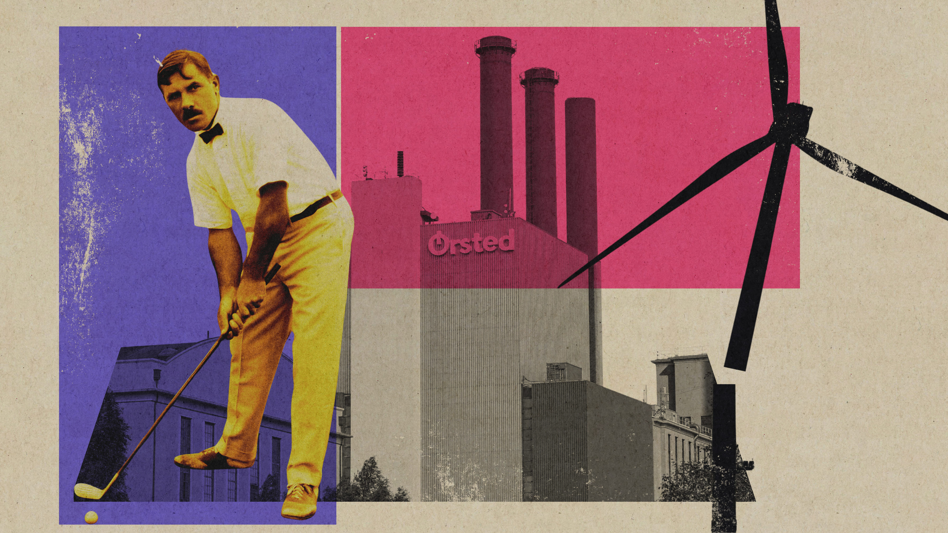 Collage: Ein Golfer, ein dänisches Gaskraftwerk und ein zerbrochenes Windrad