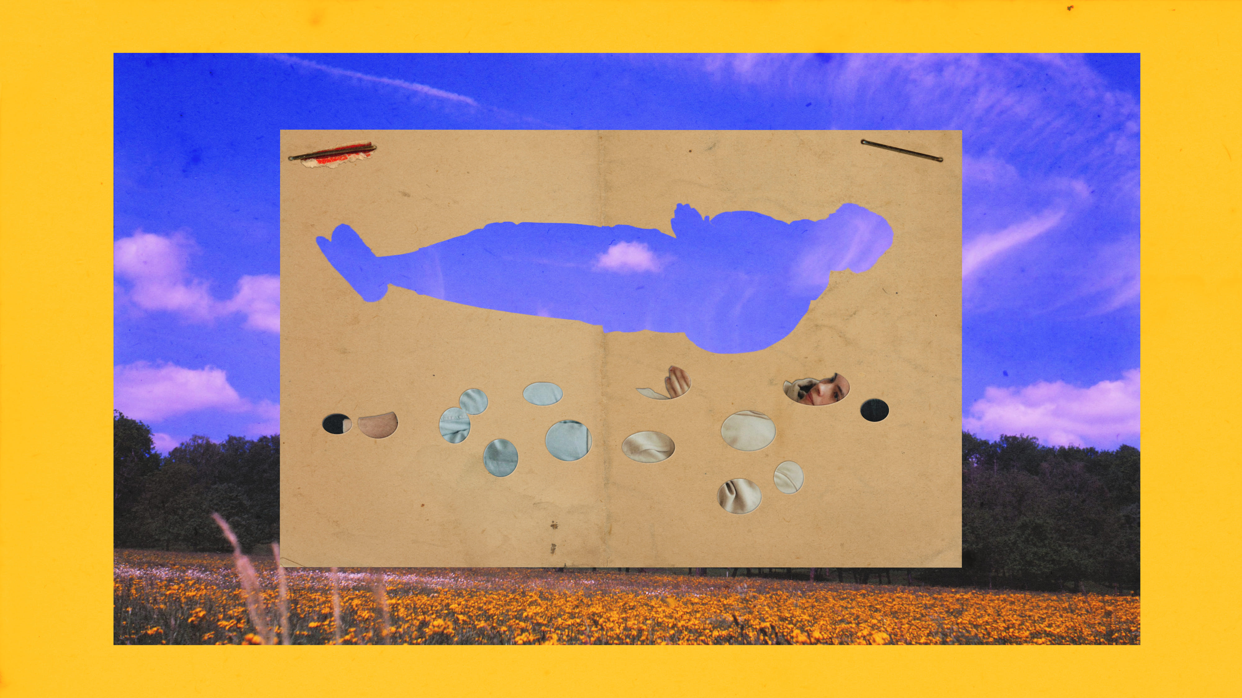 Collage: Eine Blumenwiese, darauf ein Zettel mit der ausgeschnittenen Silhouette eines liegenden Menschen.